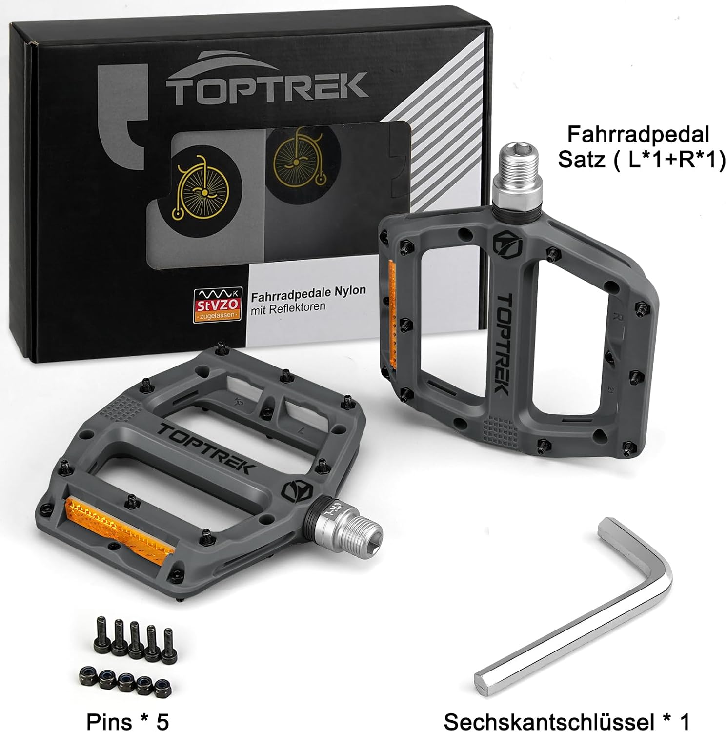 Thumbnail 6 de toptrek Fahrradpedale mit StVZO Reflektoren (Nylon-Composite Flatpedale) – 9/16 Zoll Set für MTB, Trekking & E-Bike