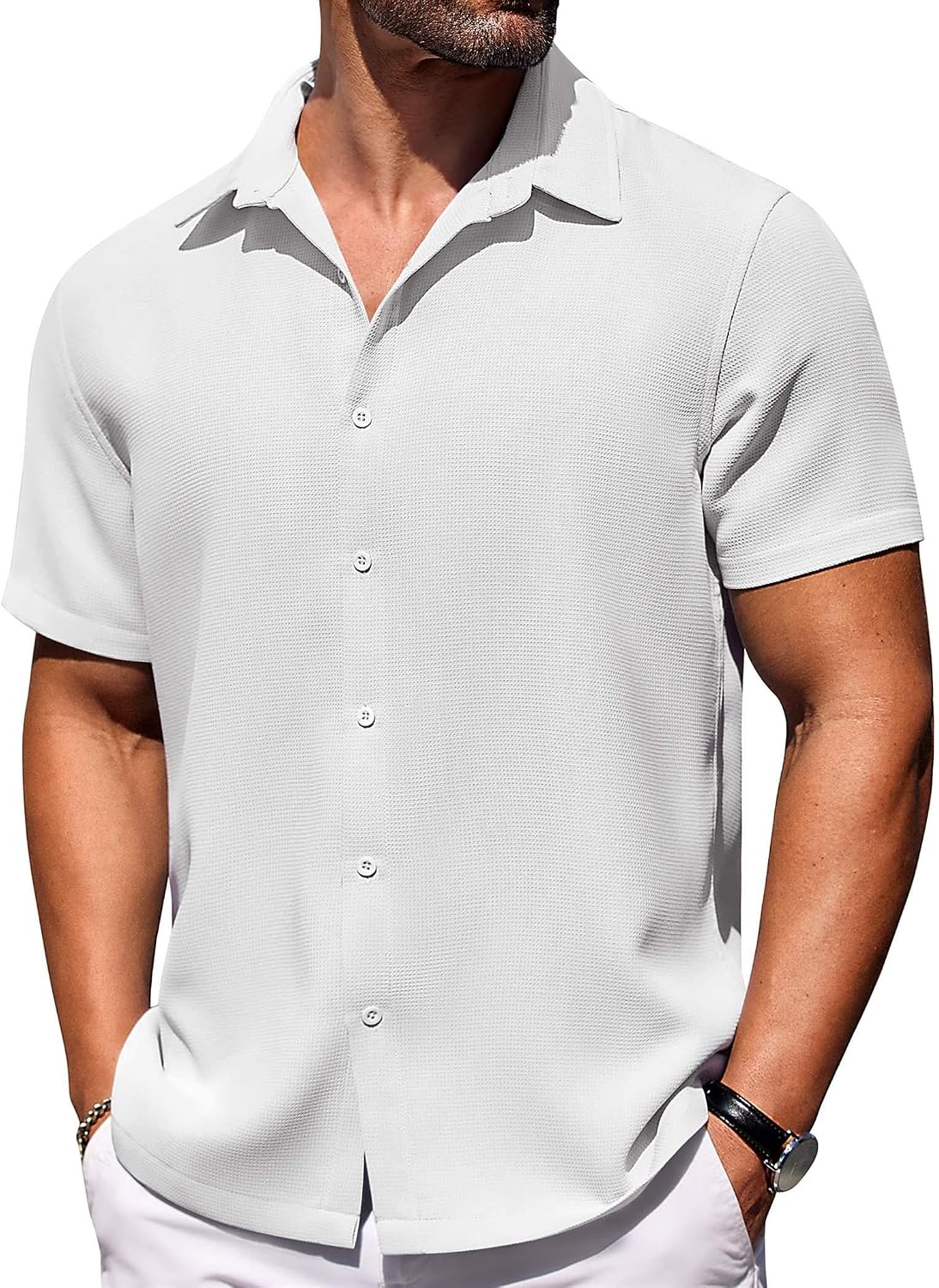 Detalle 2 de COOFANDY Men's Short Sleeve Waffle Shirt Regular Fit – Casual Summer Beach Shirt