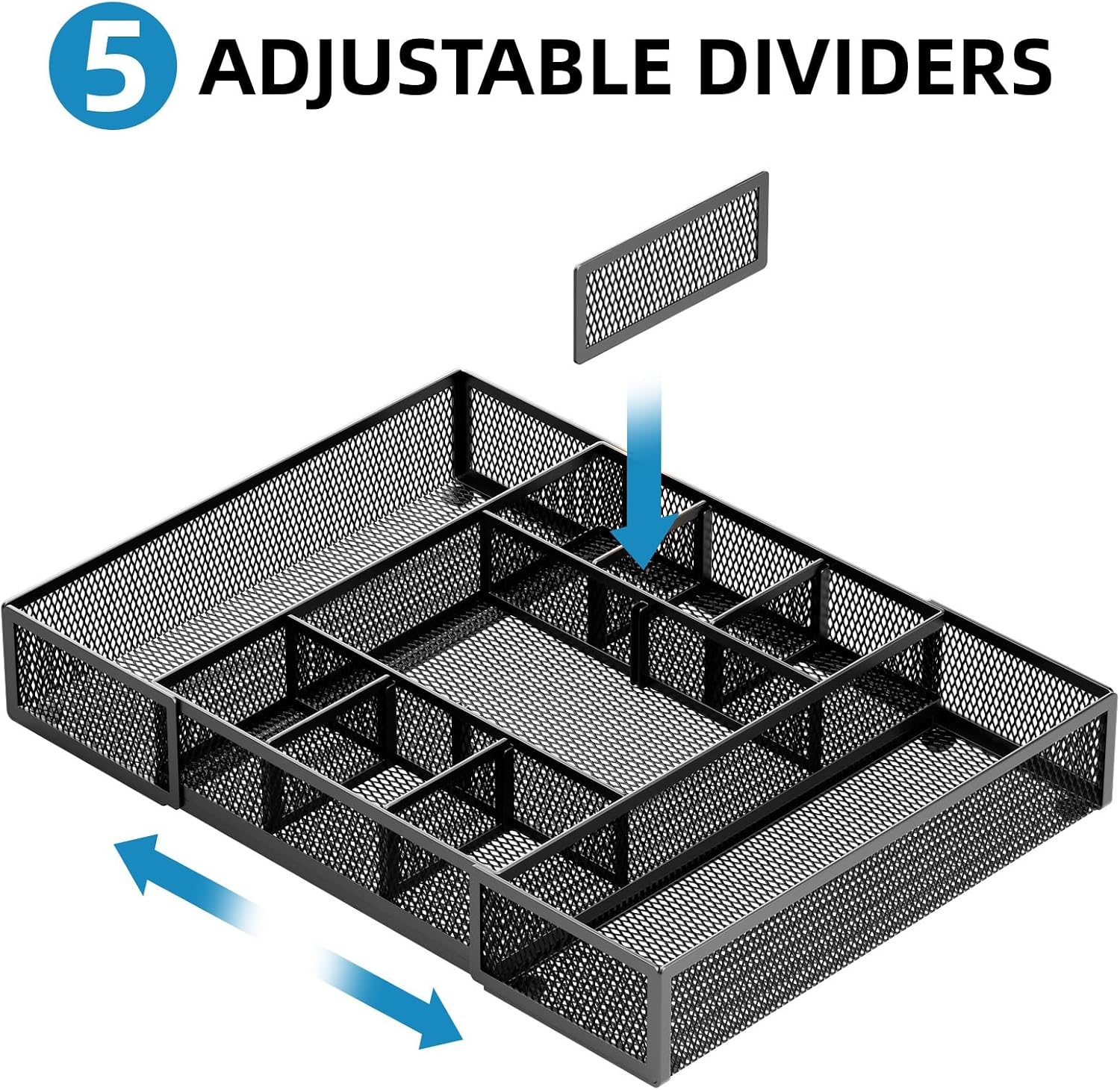 Detalle de Marbrasse Drawer Organizer Tray-Black Expandable Desk Organizer, Metal Mesh, 10 Compartments
