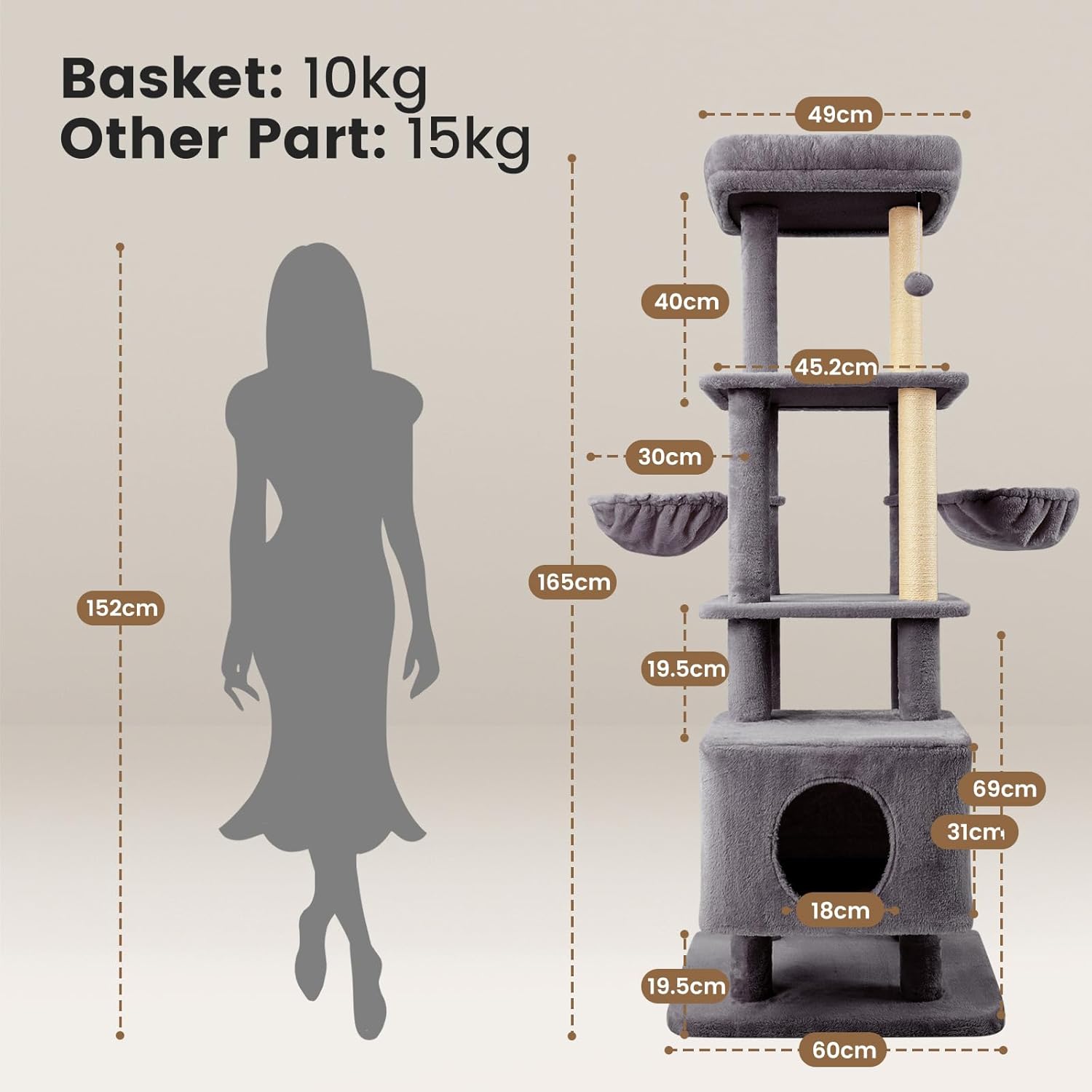 Detalle de Gardner Pet 165 cm Cat Tree with Scratching Post, 6-Level Ultra-Stable Tower (Grey)