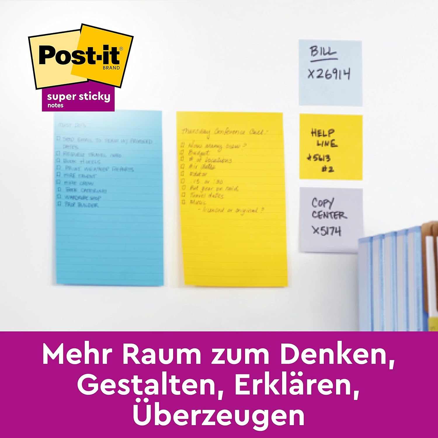 Detalle de Post-it Super Sticky Meeting Notes – Pack mit 4 Blöcken, 45 Blatt/Block, 203 x 152 mm, Farben Grün, Pink, Gelb, Orange