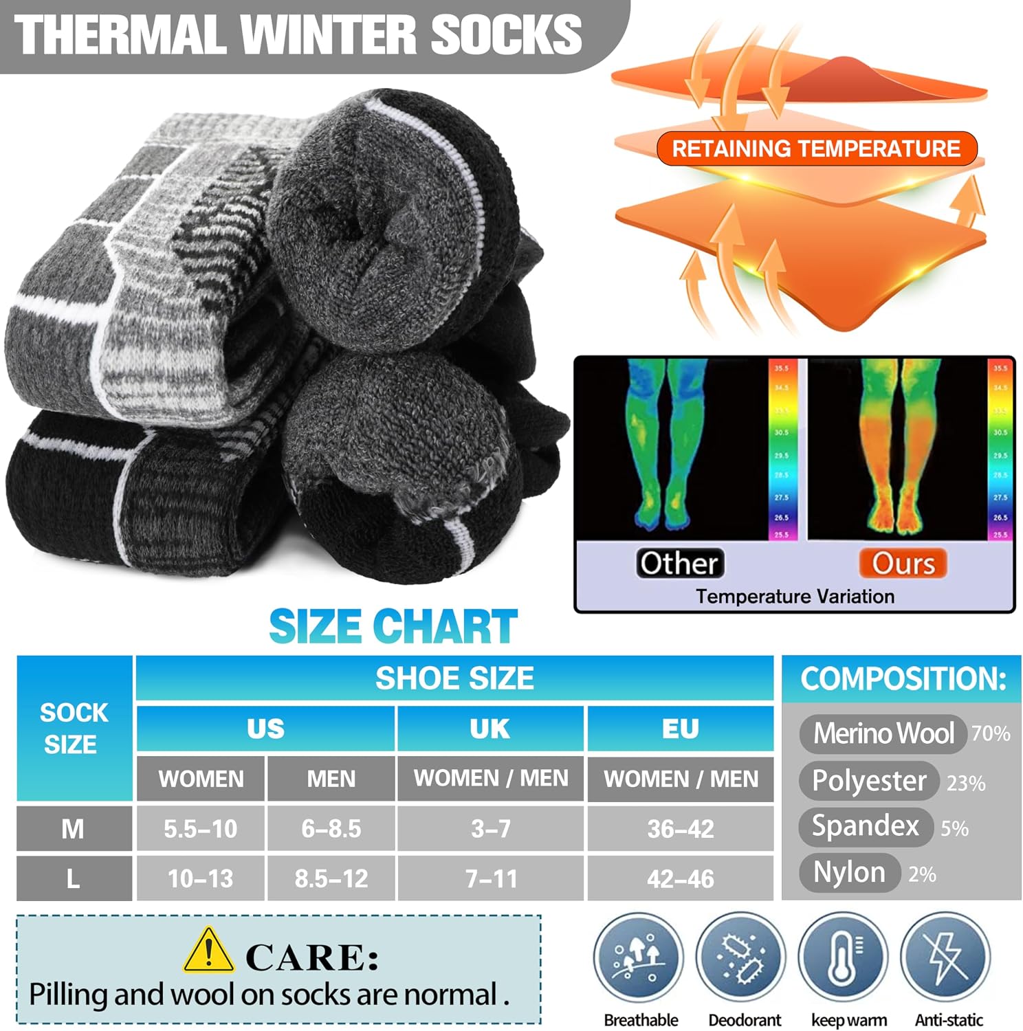 Detalle de Anlisim 3 Pairs Merino Wool Ski Socks, Knee-High with Cushioning and Arch Support