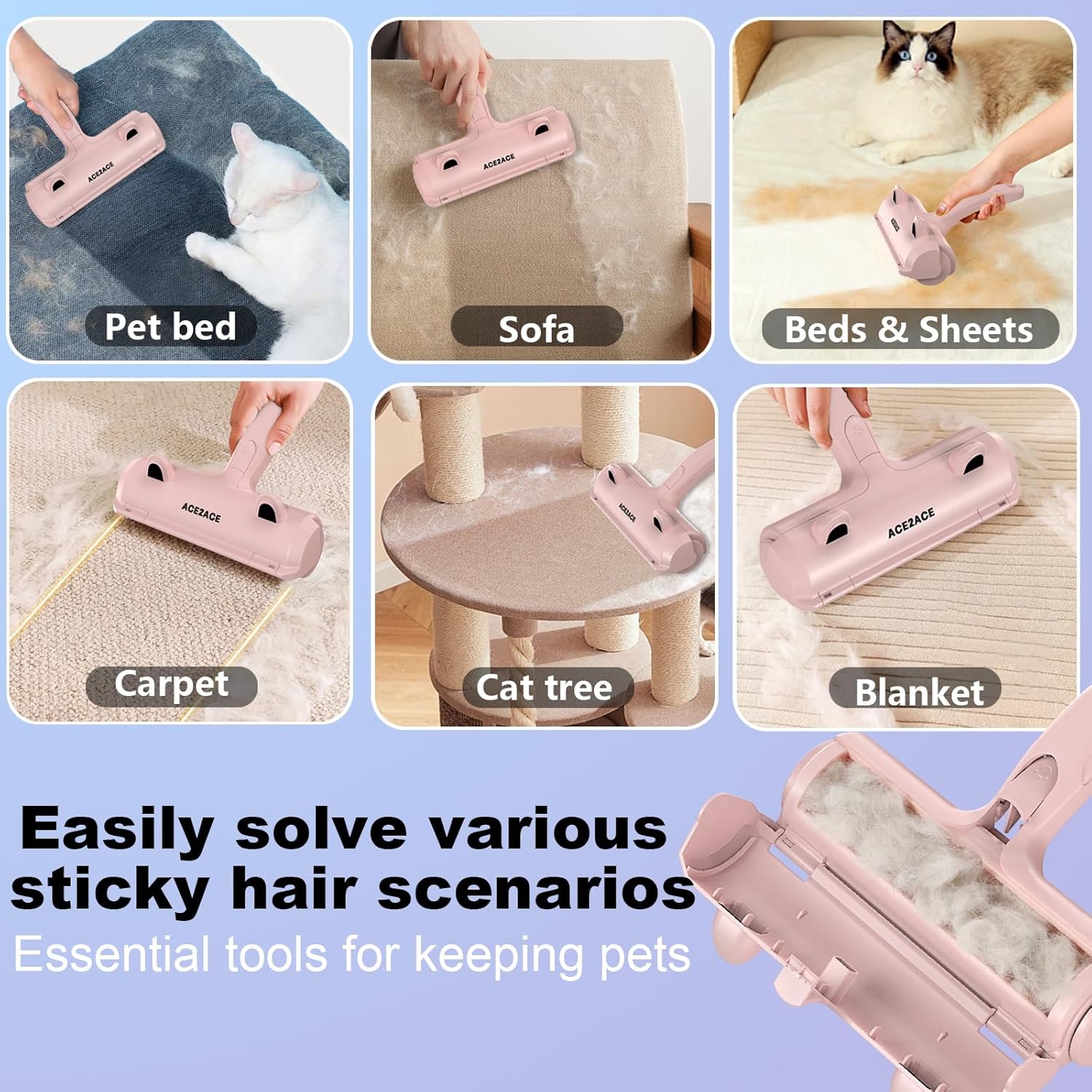 Detalle de ACE2ACE Brosse Anti Poils Animaux – Rouleau à Poils réutilisable (Rose)