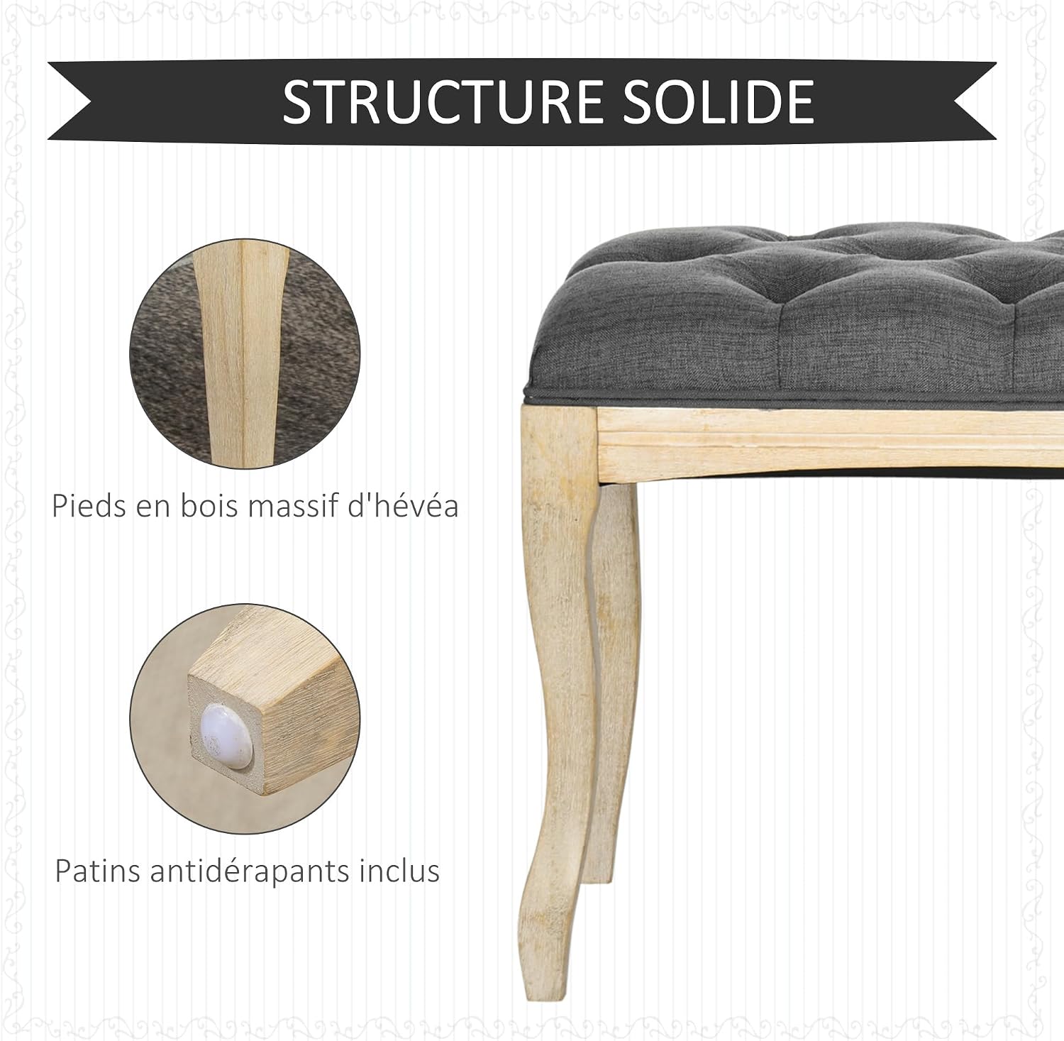 Detalle de HOMCOM banquette capitonnée en lin style classique chic, 110 cm, piètement en bois d’hévéa sculpté