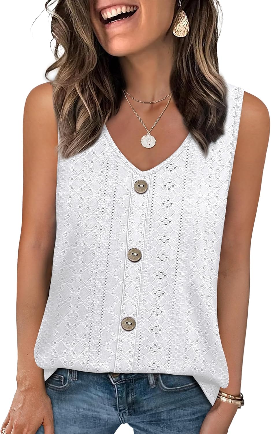 Thumbnail 3 de WIHOLL Women’s Eyelet V-Neck Loose Tank Top – Soft, Breezy Summer Essential