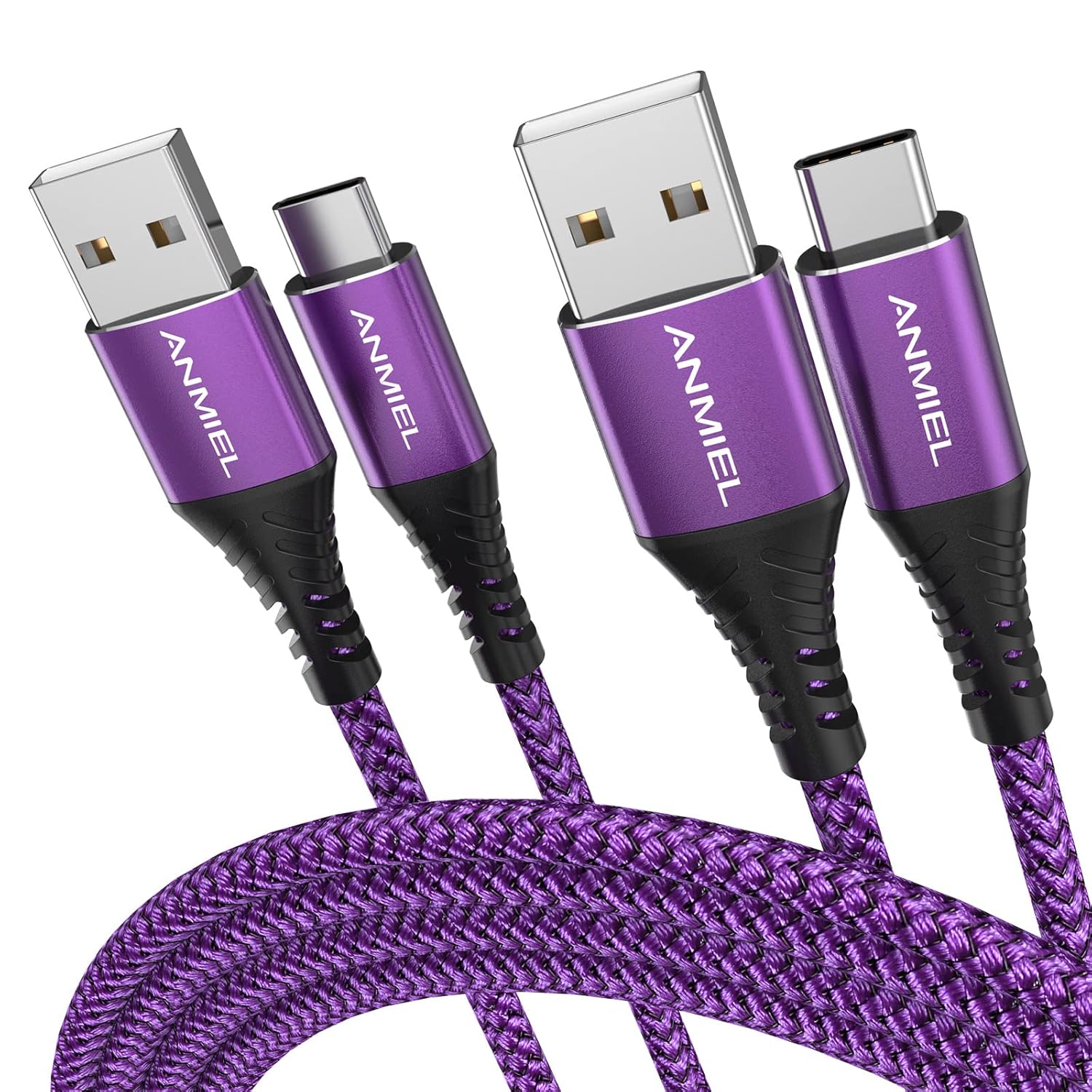 Detalle de ANMIEL USB‑C‑Kabel (2er‑Pack, 3 m) mit bis zu 3 A Schnellladung – lila, 10 ft Nylon geflochten