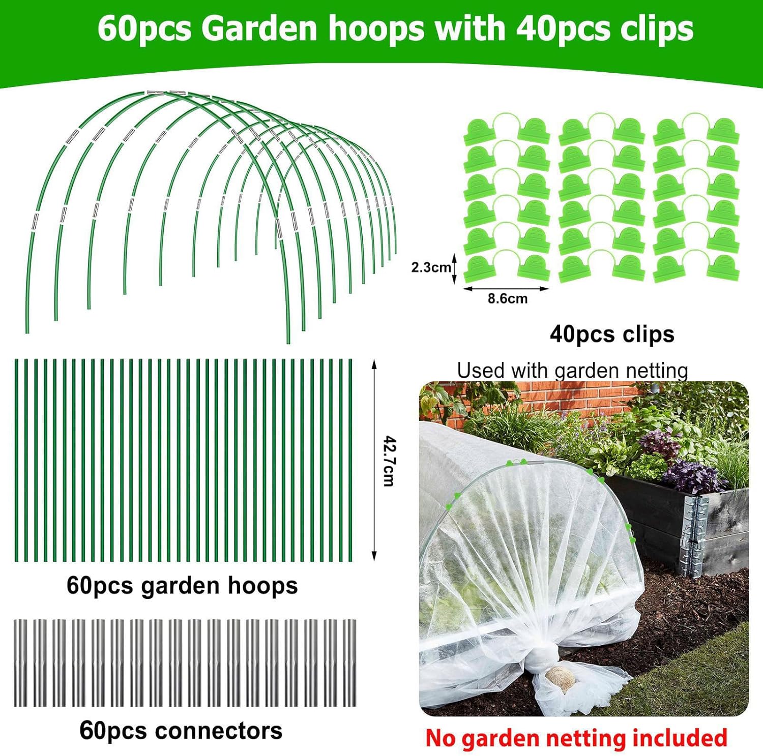 Thumbnail 1 de 60pcs Greenhouse Hoops for Raised Beds with 40 Clips and 2.4m Grow Tunnel Kit