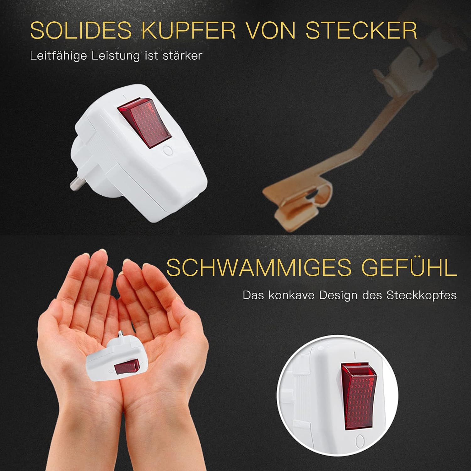 Detalle de HITRENDS Schuko-kontakt med strömbrytare, IP20, 250 V, 16 A, vit, 3-pack