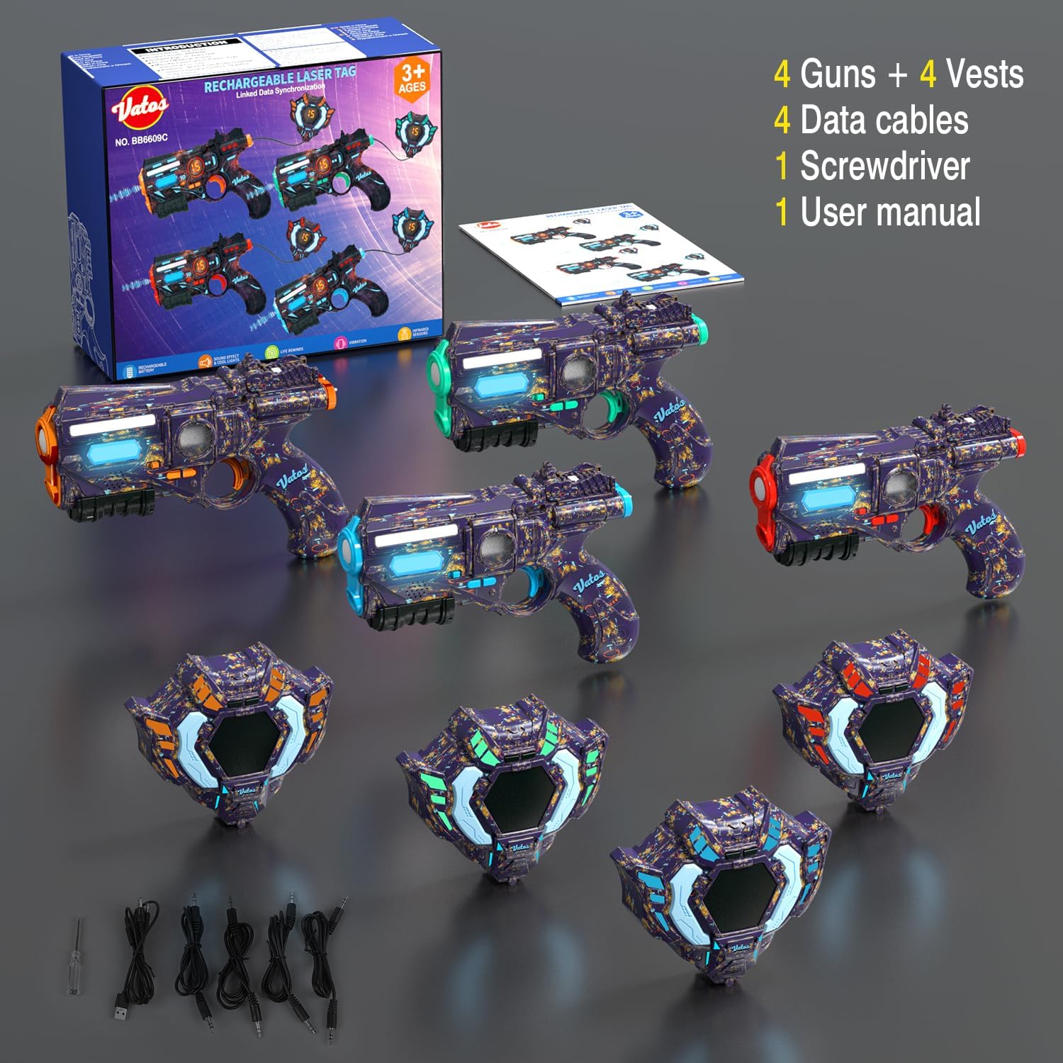 Thumbnail 6 de VATOS Rechargeable Real-time Data SYNC Laser Tag Set (4 guns & 4 vests) for ages 6–12
