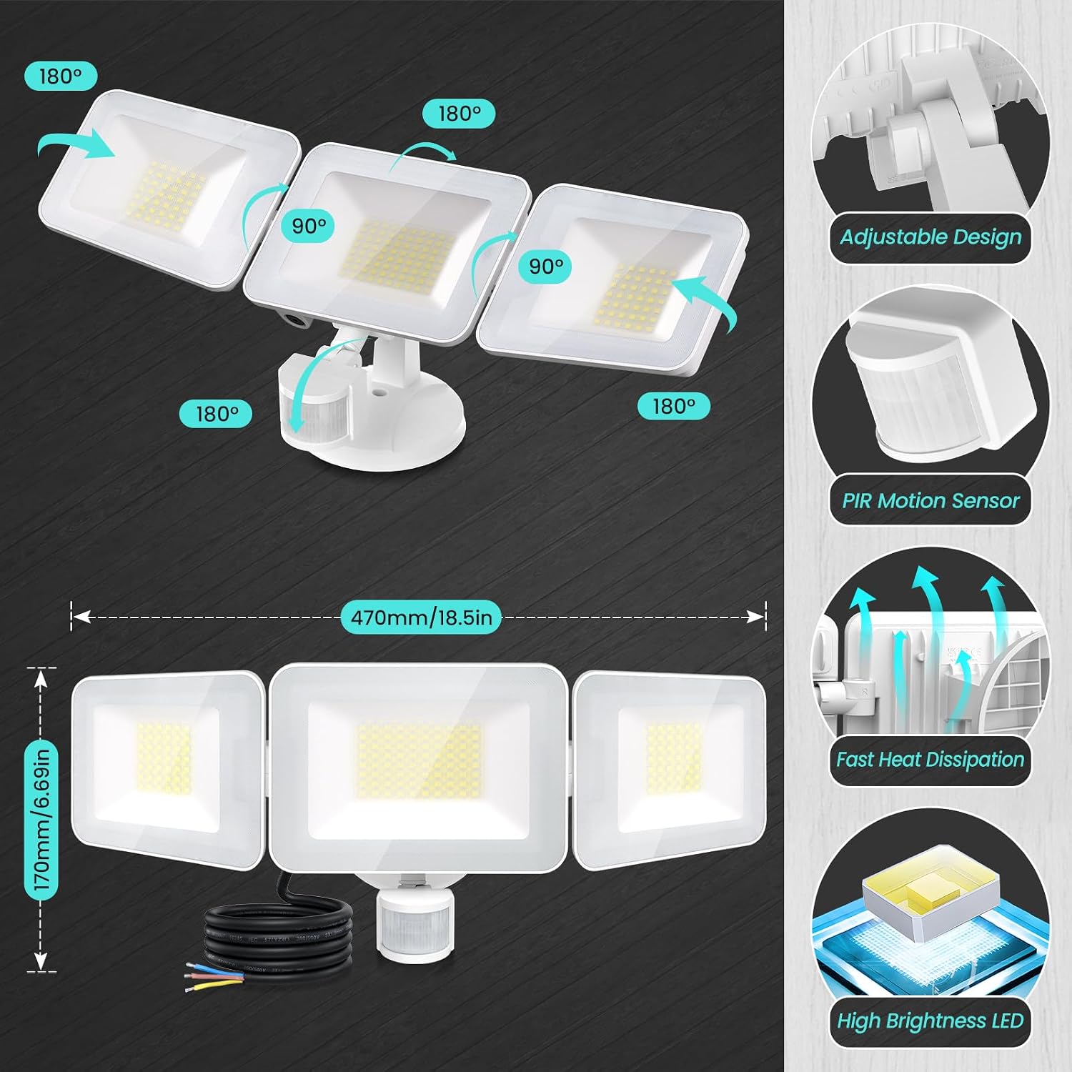 Detalle 2 de MEIKEE TSFA0100-US LED Security Floodlight, 9600 lm, Motion Sensor, 3 Heads
