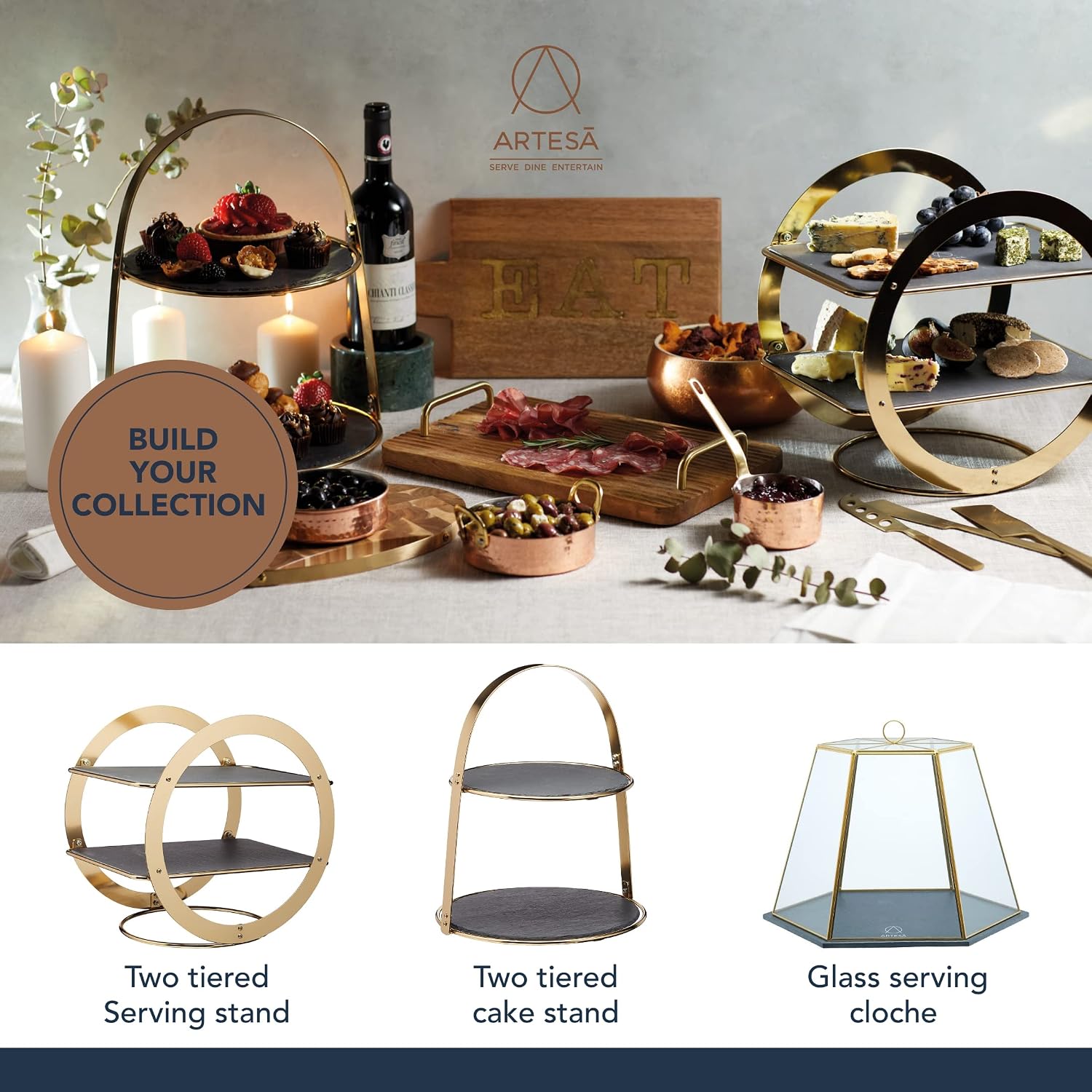 Thumbnail 5 de Artesa Geometric Glass Cake Dome with Slate Serving Board, Brass-Effect Frame