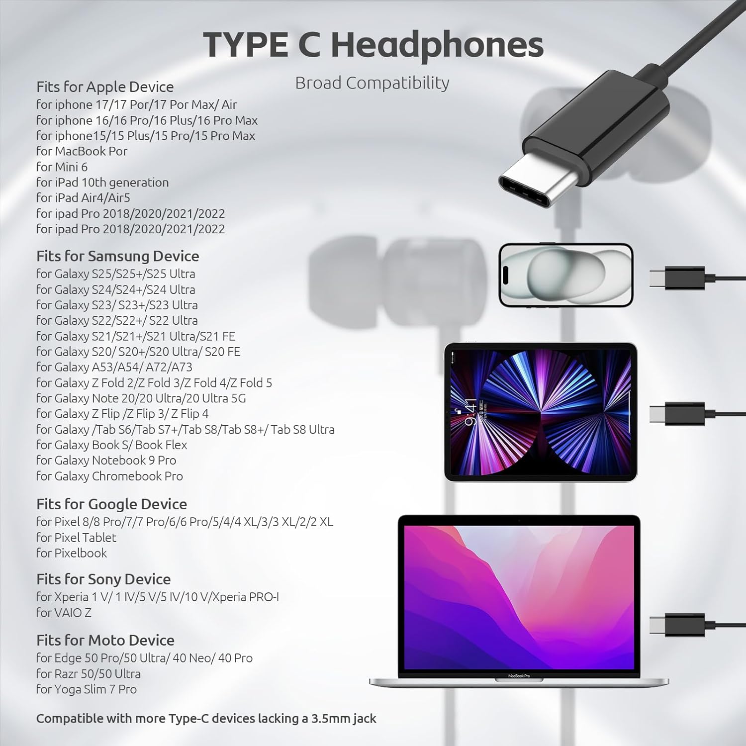 Thumbnail 4 de MORMOQUE USB-C Headphones (Wired) for iPhone 15/16/17, Samsung Galaxy & More — In-Ear Earbuds with Mic, Magnetic Cord, 6 Ear Tips (Black)