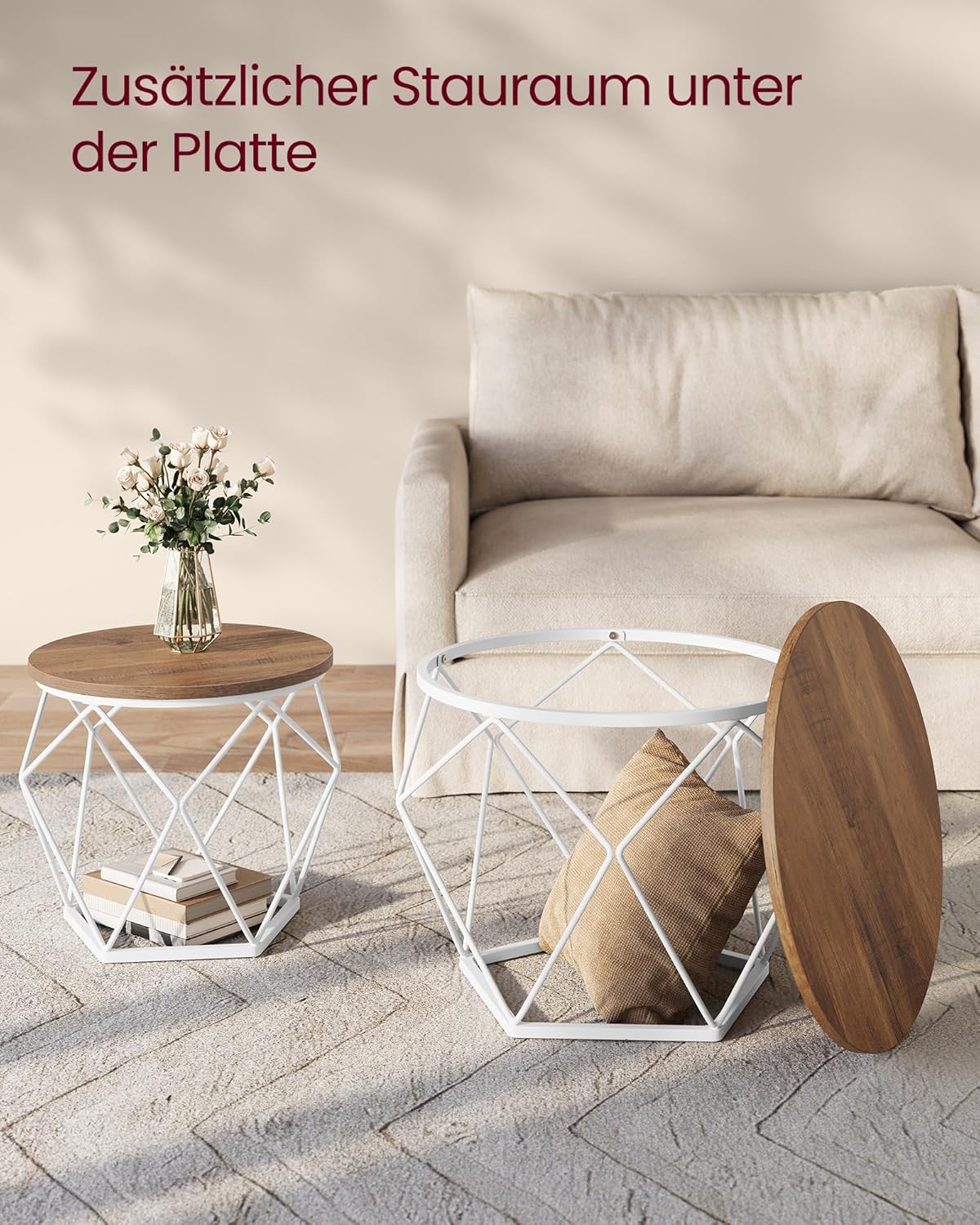 Detalle 2 de VASAGLE Couchtisch rund im 2er-Set (abnehmbare Tischplatte) LET040K41 – honigbraun/wolkenweiß