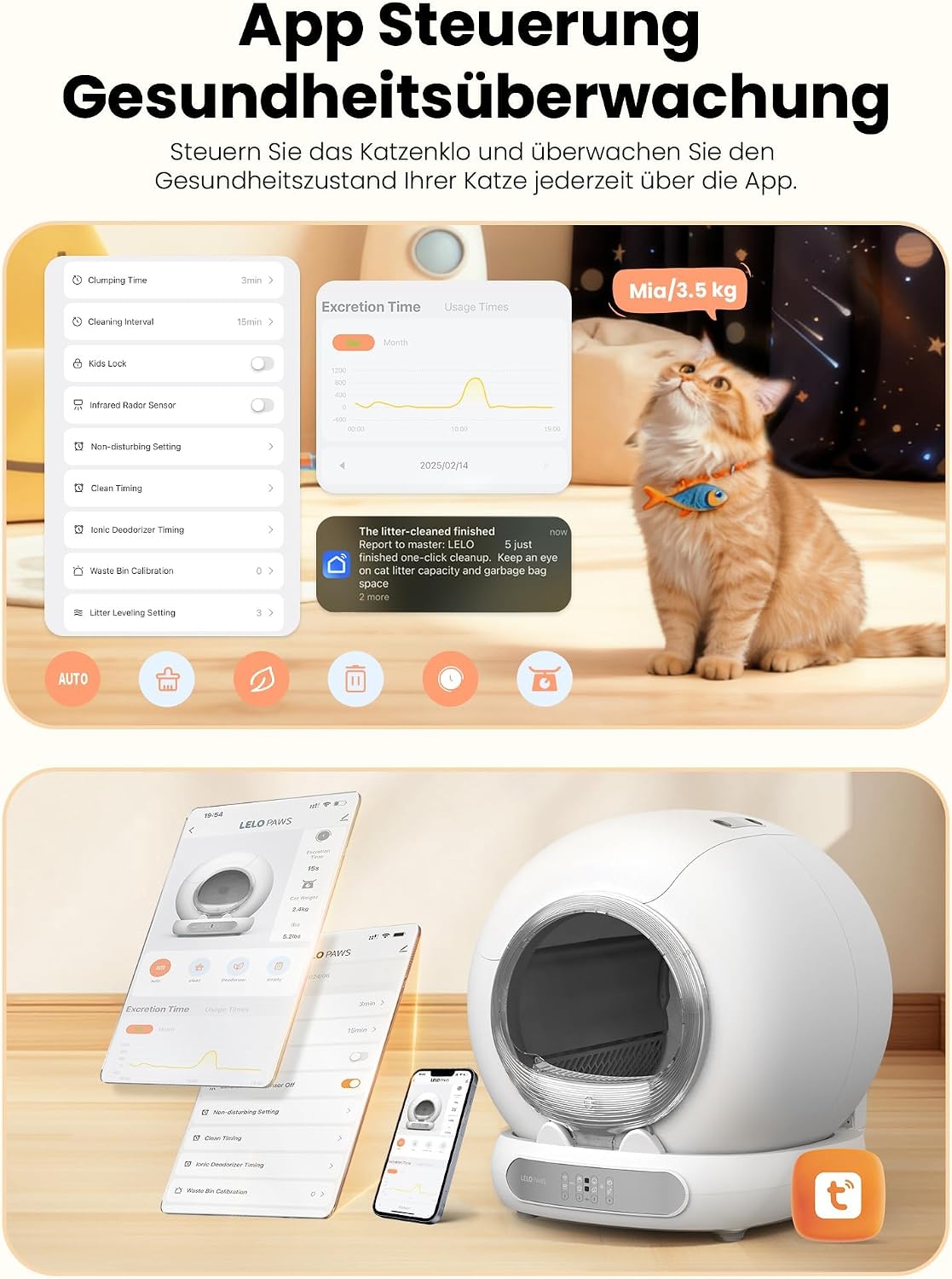 Detalle 2 de LELO PAWS Selbstreinigende Katzentoilette mit Türvorhang – 65L/9L, App-Steuerung, Geruchskontrolle, XXL für Mehrkatzen
