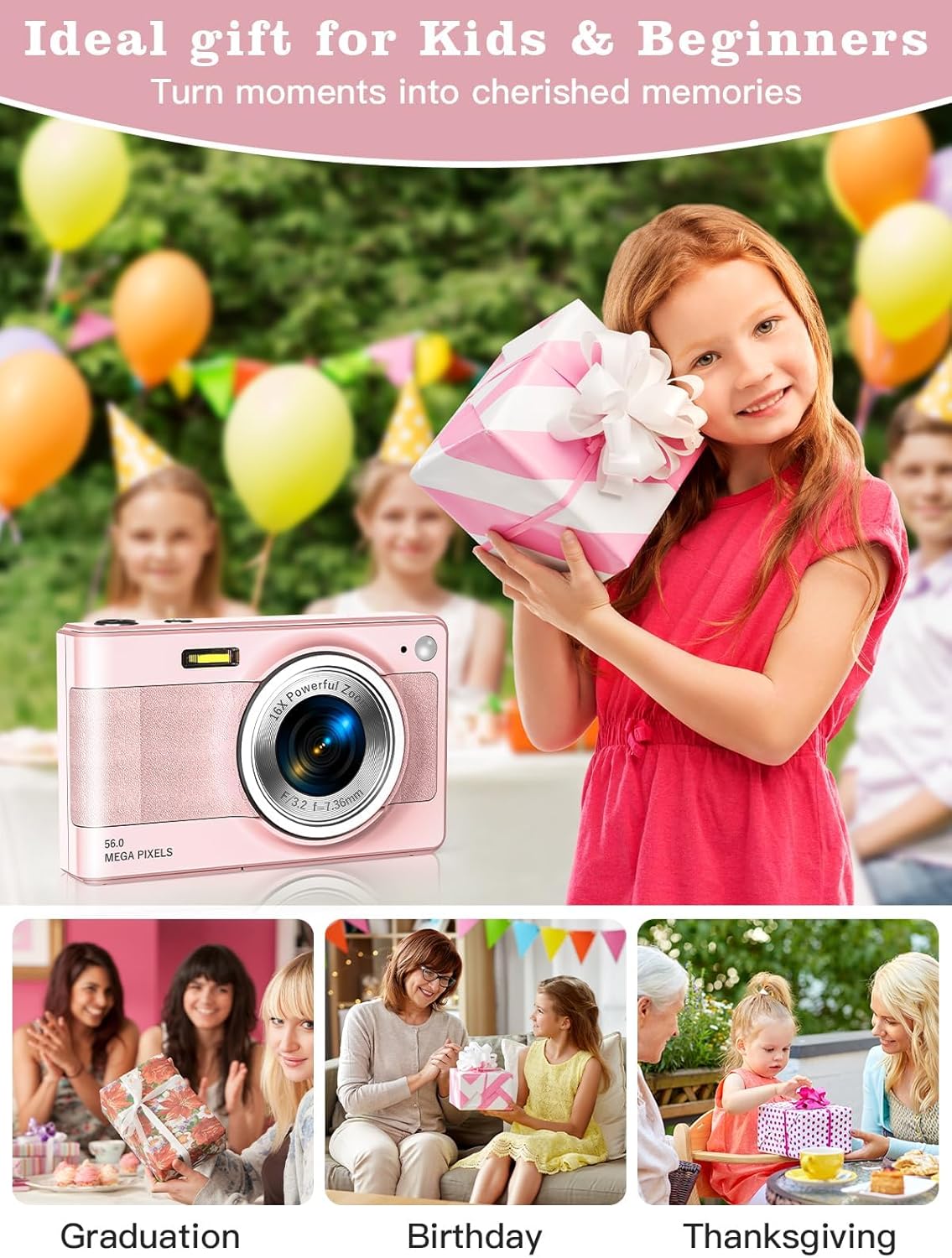 Thumbnail 6 de Kids digital camera (56MP, FHD 1080P) with 16X zoom, anti-shake and 32GB TF card – Pink
