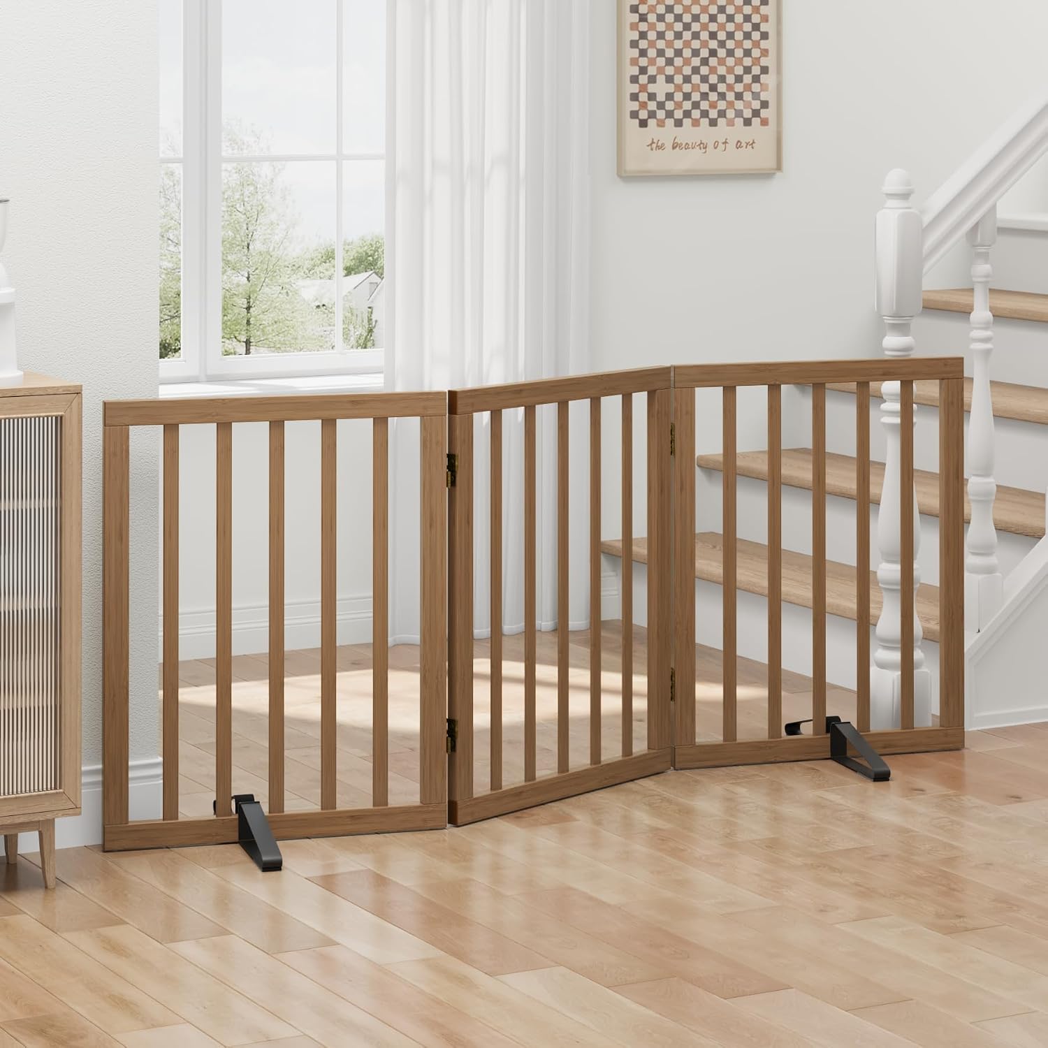 Detalle 2 de Tall Dog Gate for Doorways — 3-Panel Foldable Freestanding Indoor Gate (Dark Walnut)
