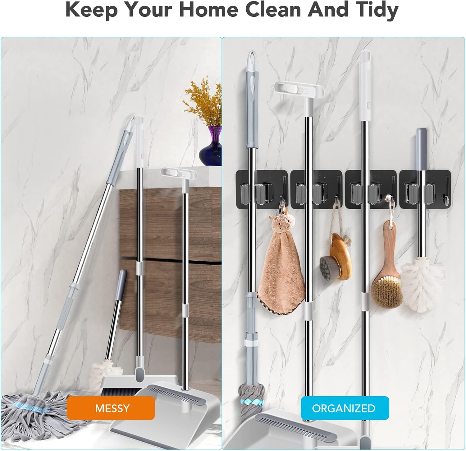 Thumbnail 2 de homeasy Mop Broom Holder 4 Pcs Wall Mounted Black Mix