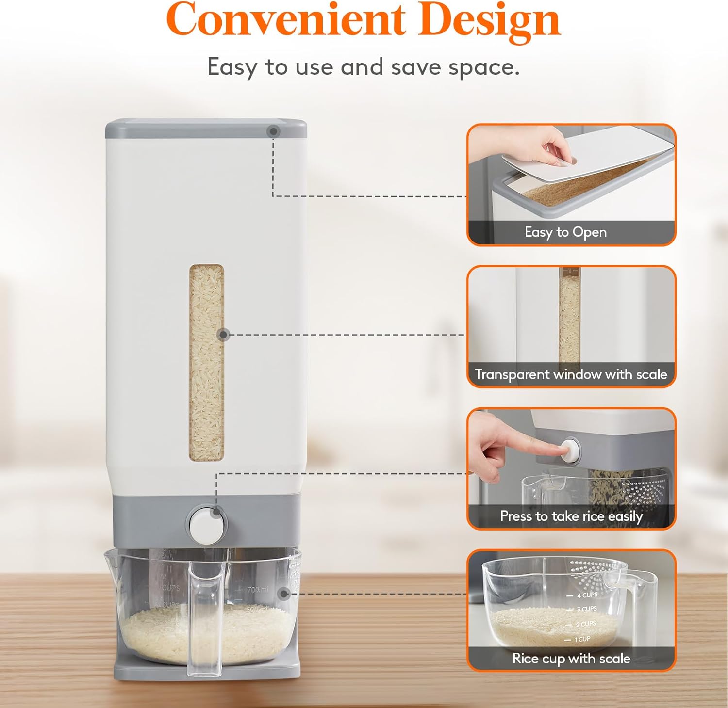Thumbnail 1 de Lifewit Rice Dispenser 25 Lbs (11.3 kg) Airtight Rice Storage Container (Grey) with Measuring Cup