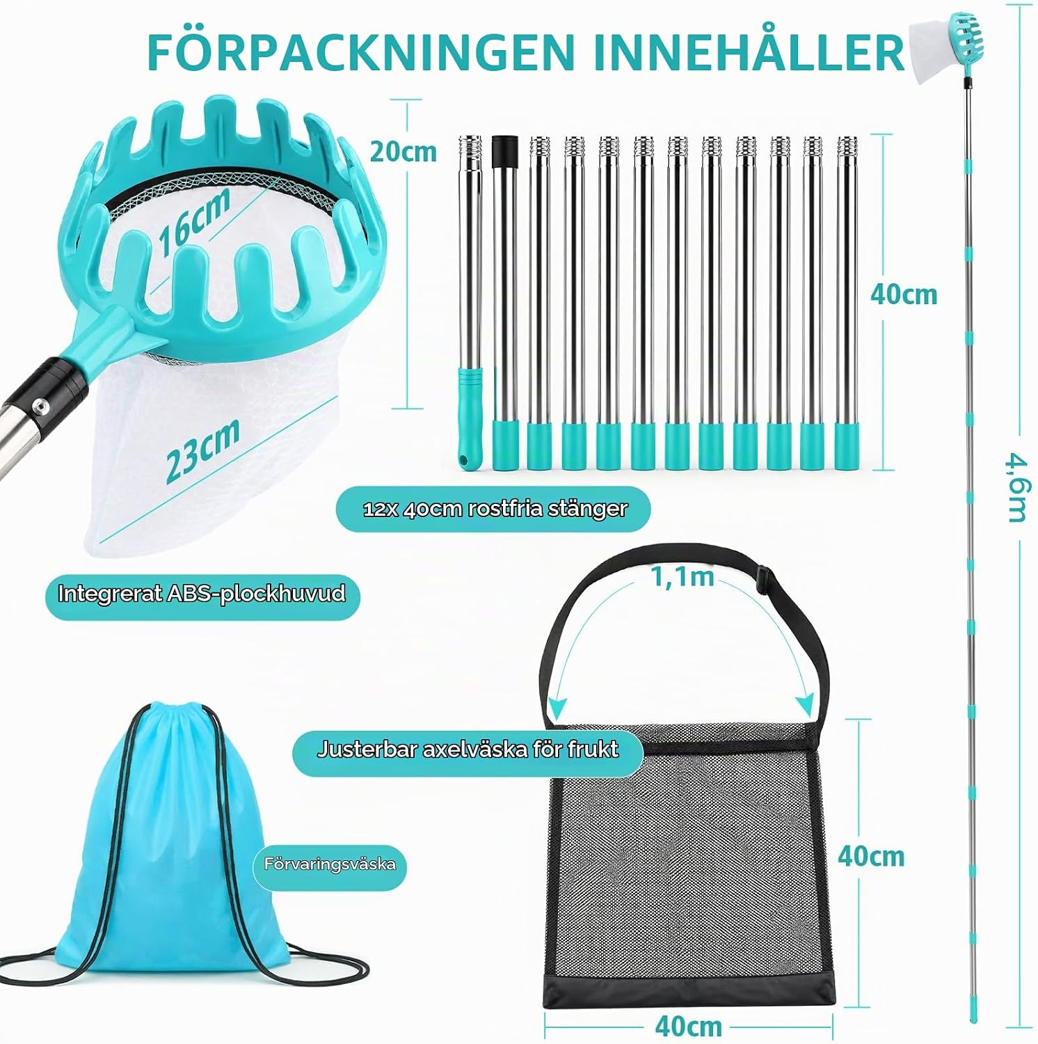 Detalle de Scalnuvyyh fruktplockare med 4,6 m räckvidd och plockhuvud på Ø 16 cm