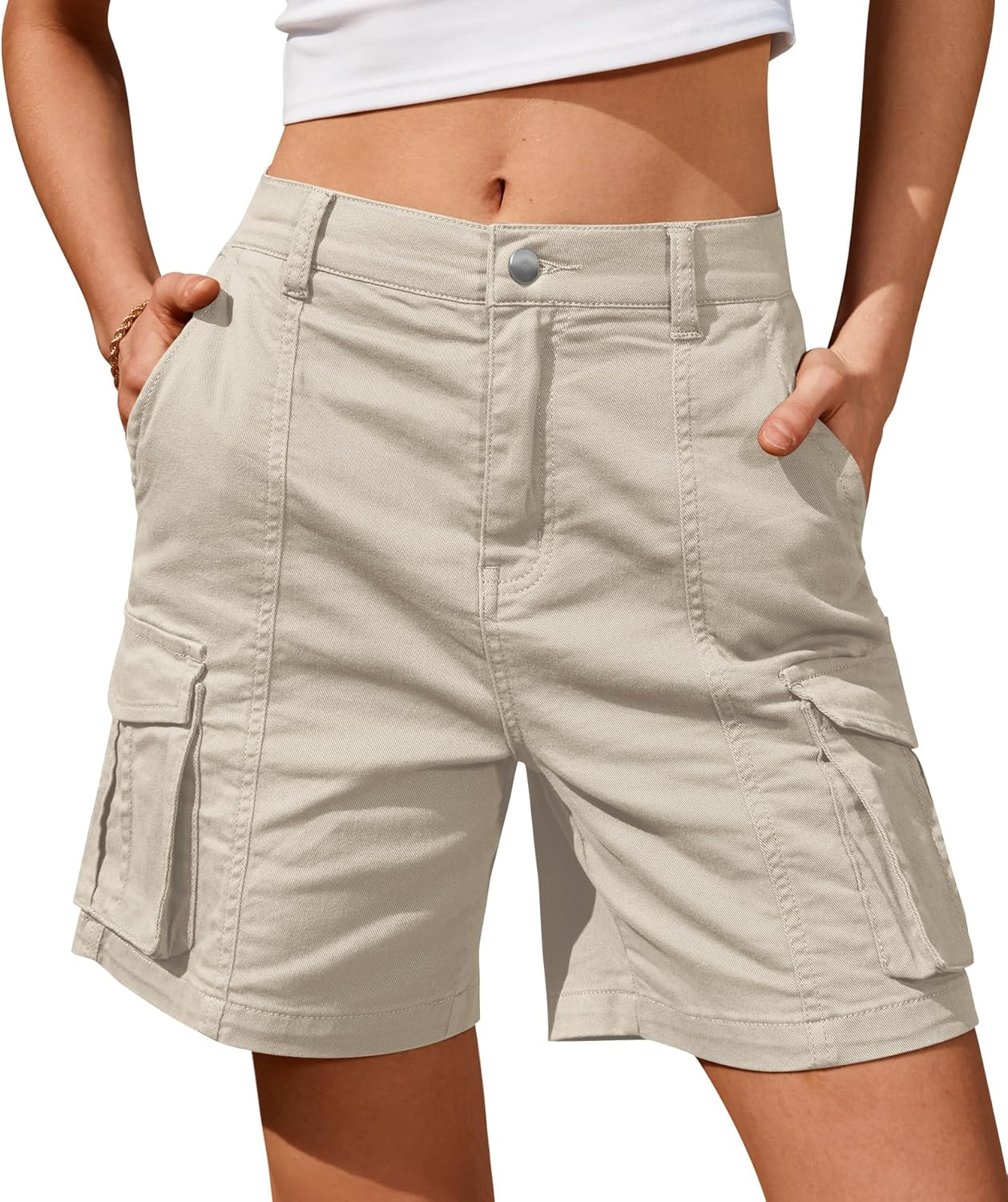 Detalle de IVIR Bermuda Cargo Shorts for Women – Knee Length, 6 Pockets, Elastic Waist