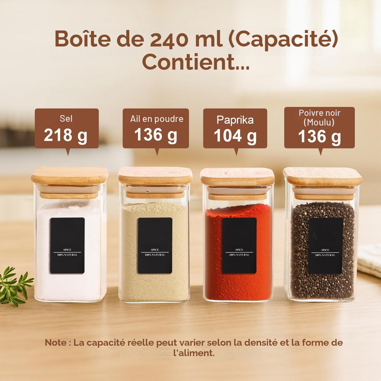 Detalle 2 de ComSaf Square/8oz/6pcs kruidenpotjes van glas, 240 ml, met bamboedeksels