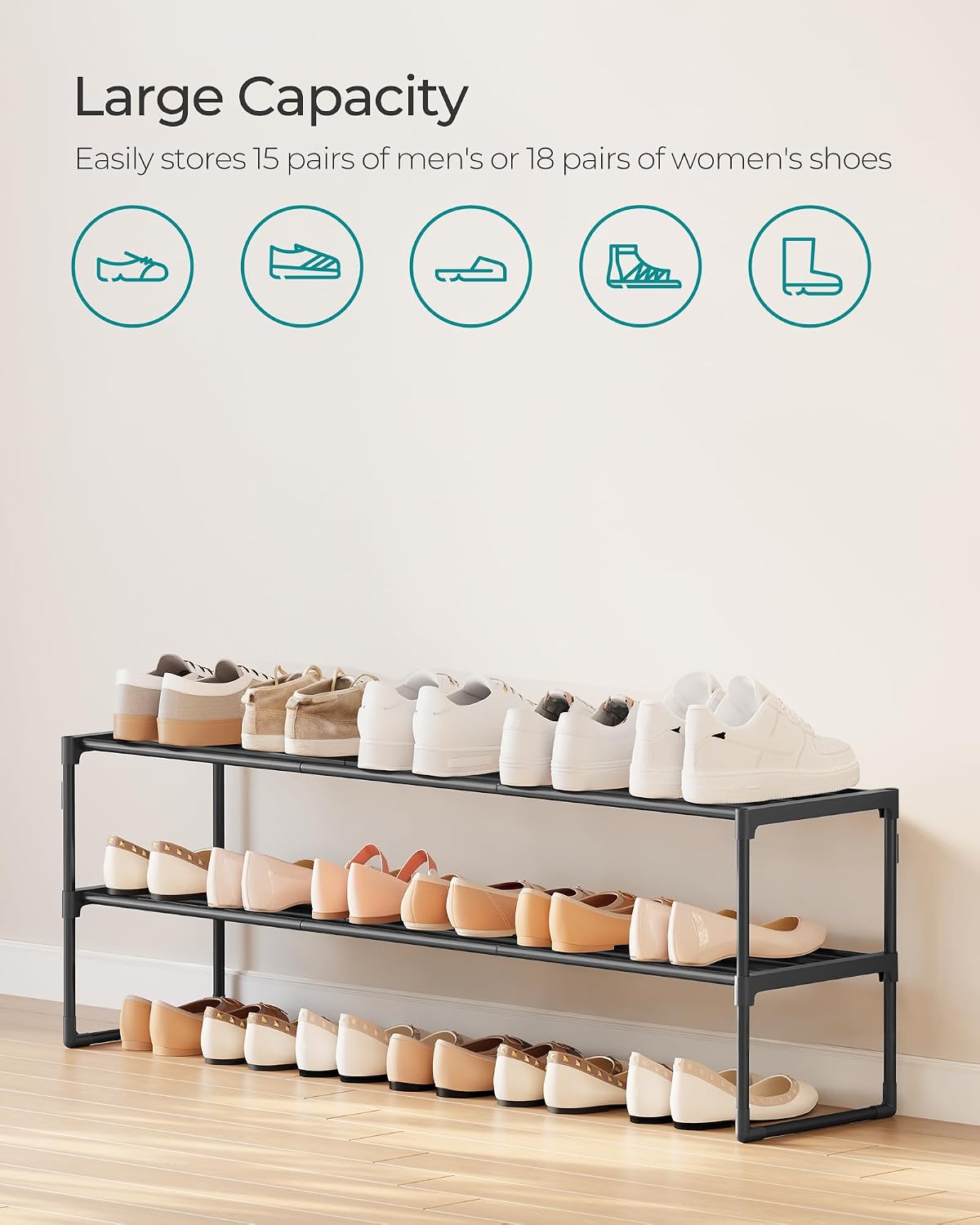 Detalle 1 de SONGMICS DEKY LSA032B01 Two-Tier Shoe Rack, Stackable, 116 cm Wide, Black