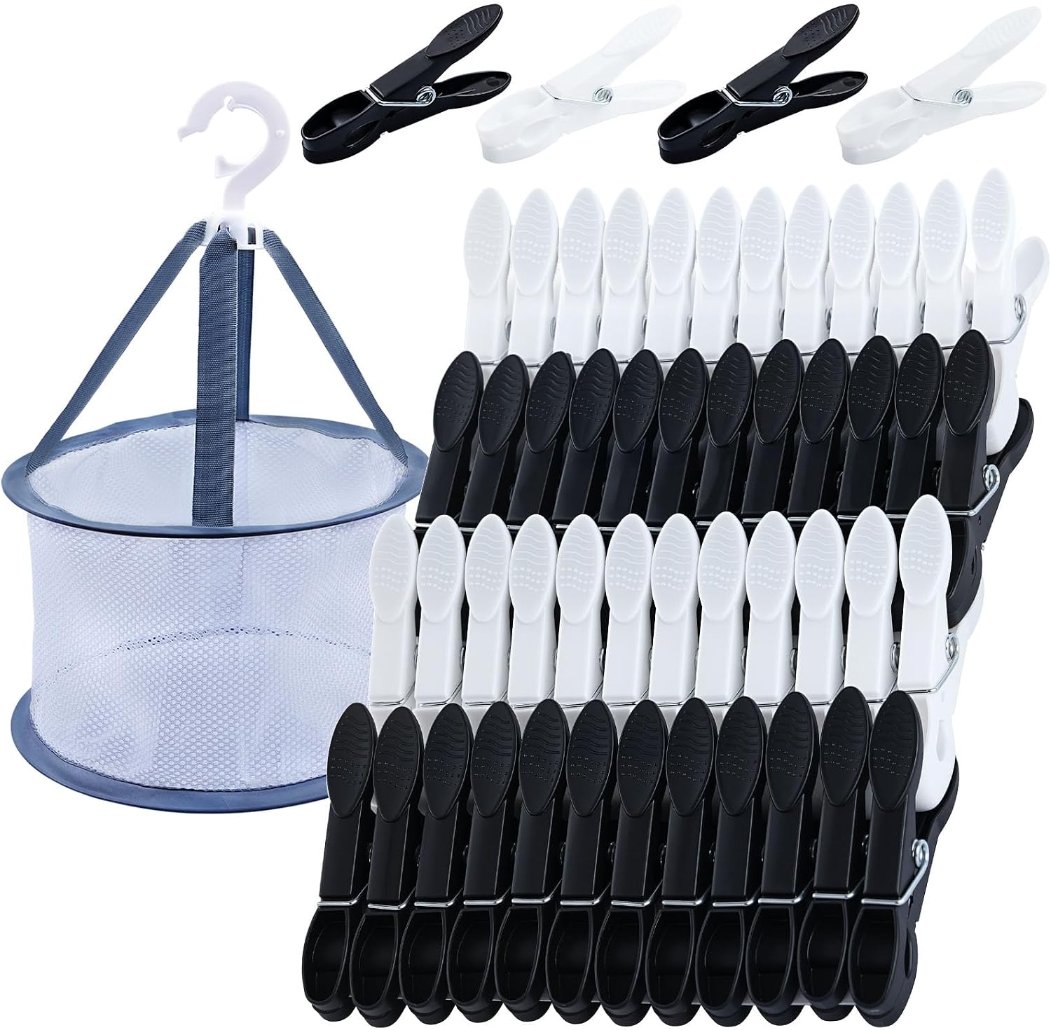 KEYBOO 48 Pcs Clothes Pegs with Bag for Washing Line – Strong Plastic Pegs in Black & White with Mesh Basket