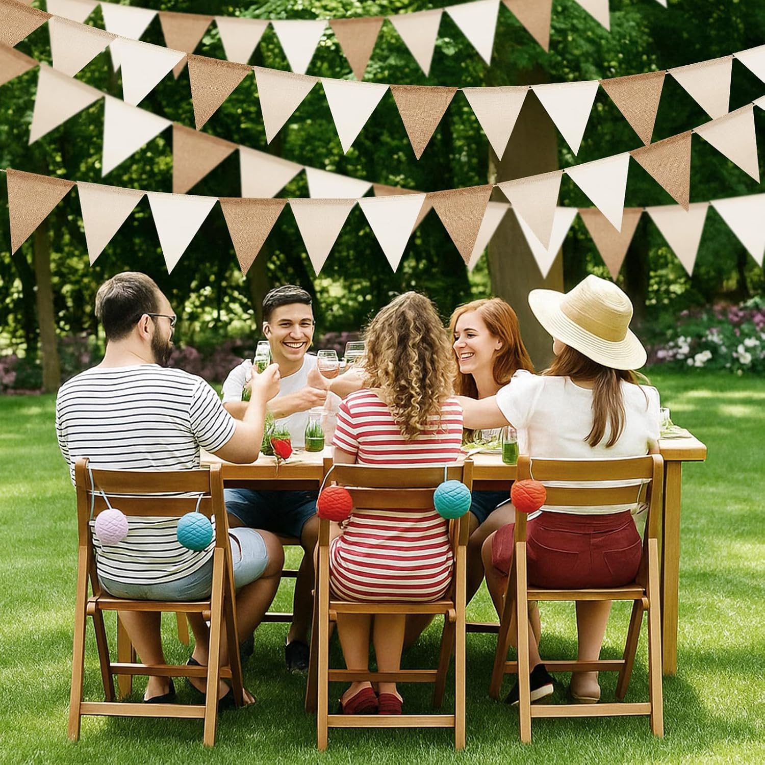Detalle 2 de jijAcraft Pre-strung Beige Brown Burlap Bunting — 60-Flag, 20m Hessian Banner for Indoor/Outdoor Decor