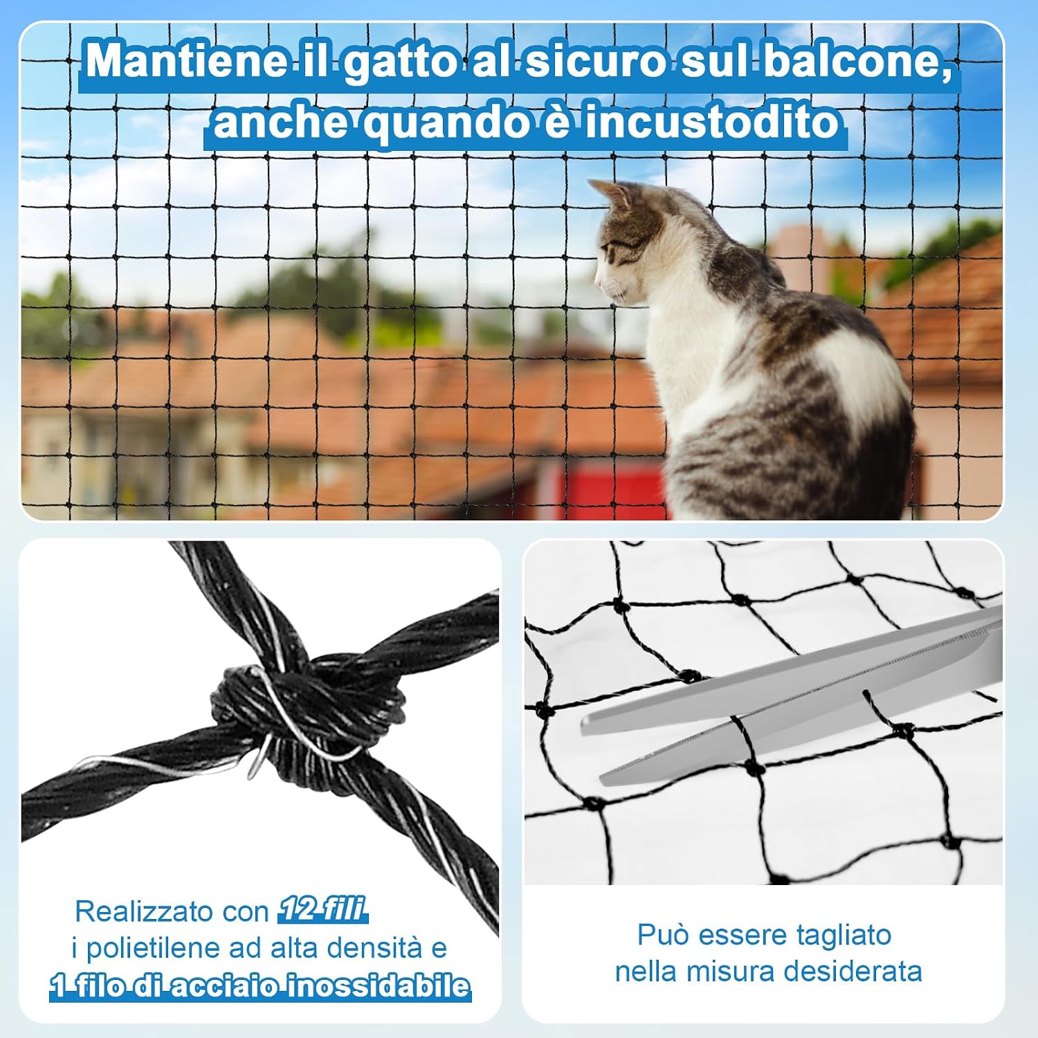 Detalle de Rete per Gatti Aystkniet Extra Rinforzata con Filo – 6x3m, Protezione Balcone