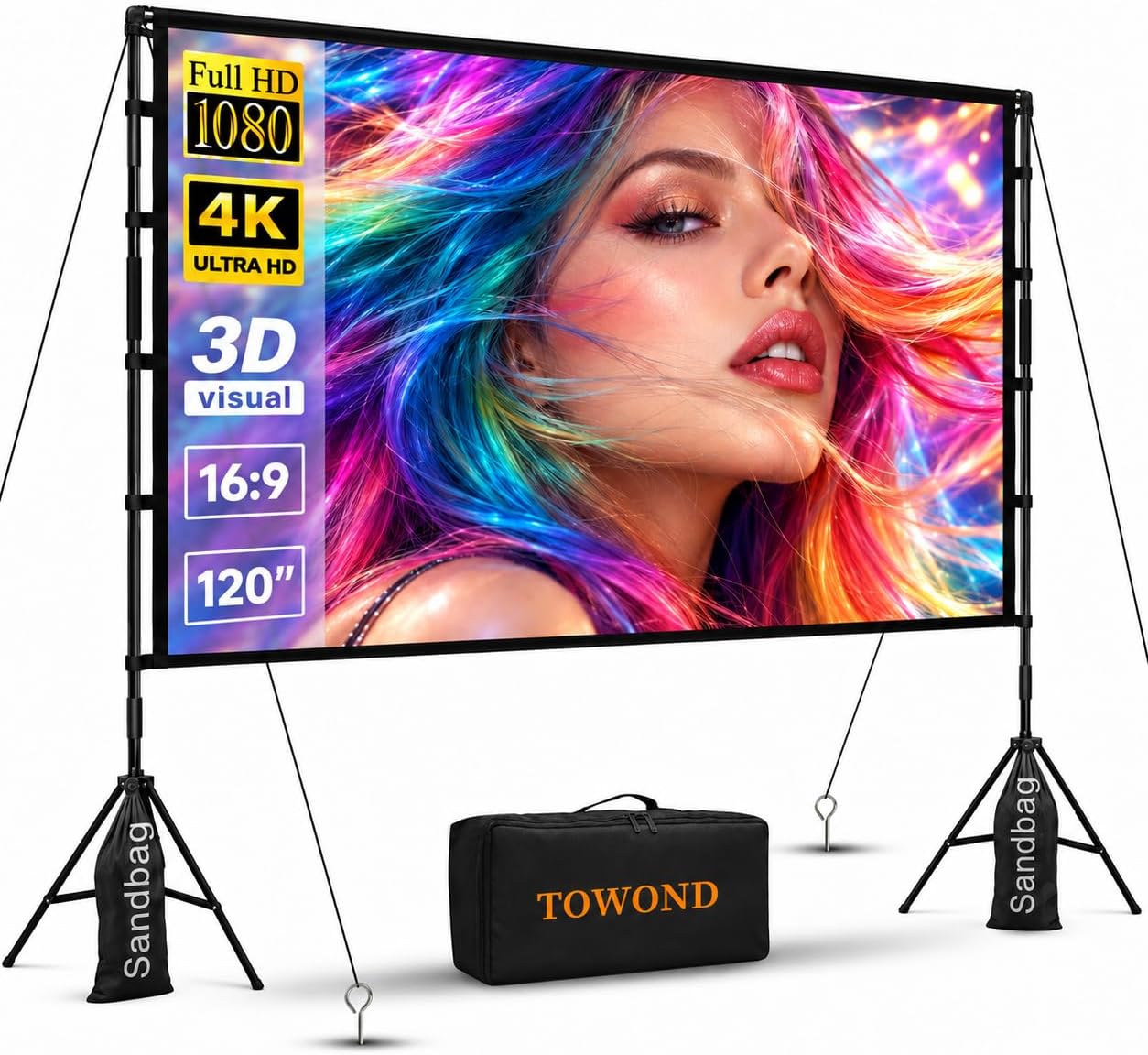 Detalle de TOWOND Outdoor Projector Screen with Stand, 120-inch Portable 16:9 (Double-Sided) Foldable Projection Screen