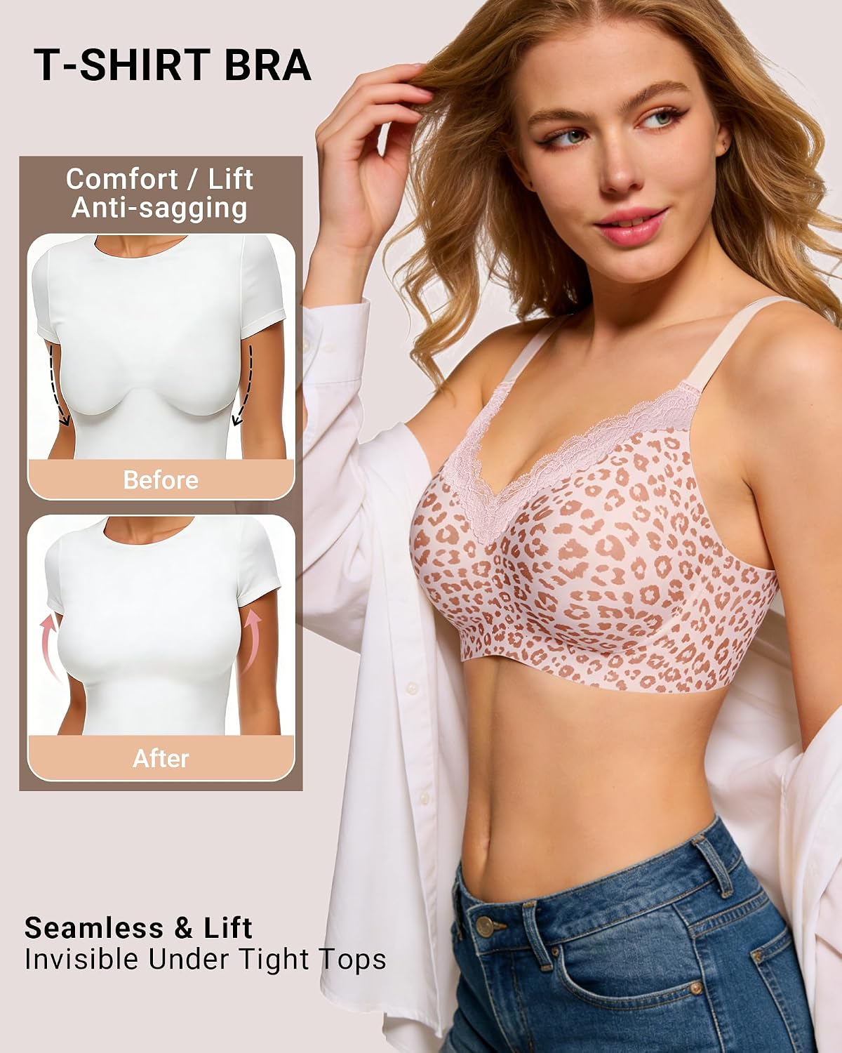 Detalle 2 de HORISUN Wireless No Underwire Bra for Women with V-Neck Lace Trim: Jelly Supportive Seamless Bralette