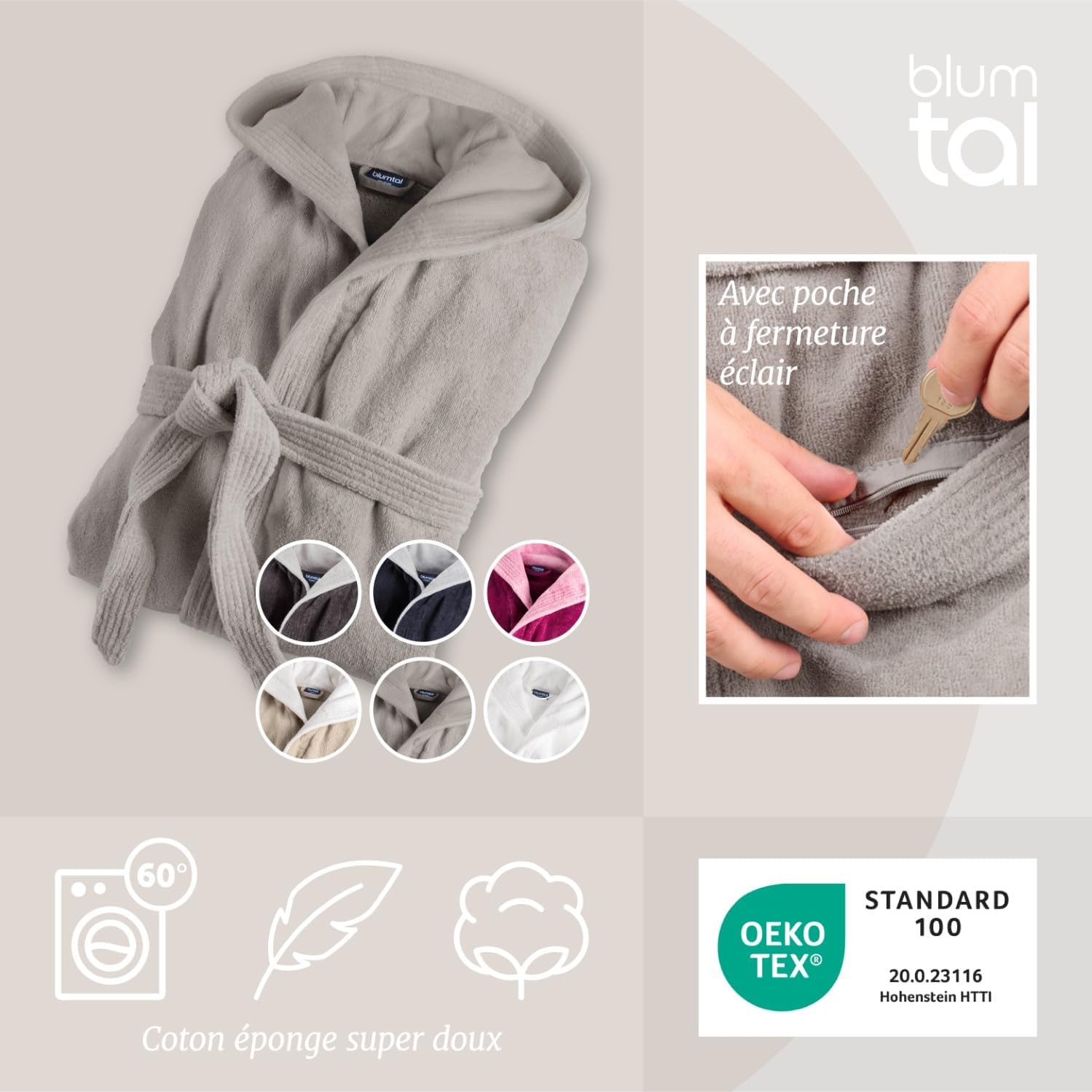 Detalle 2 de Blumtal peignoir de bain femme en coton doux à capuche doublée et velours éponge, certifié Oeko-TEX®