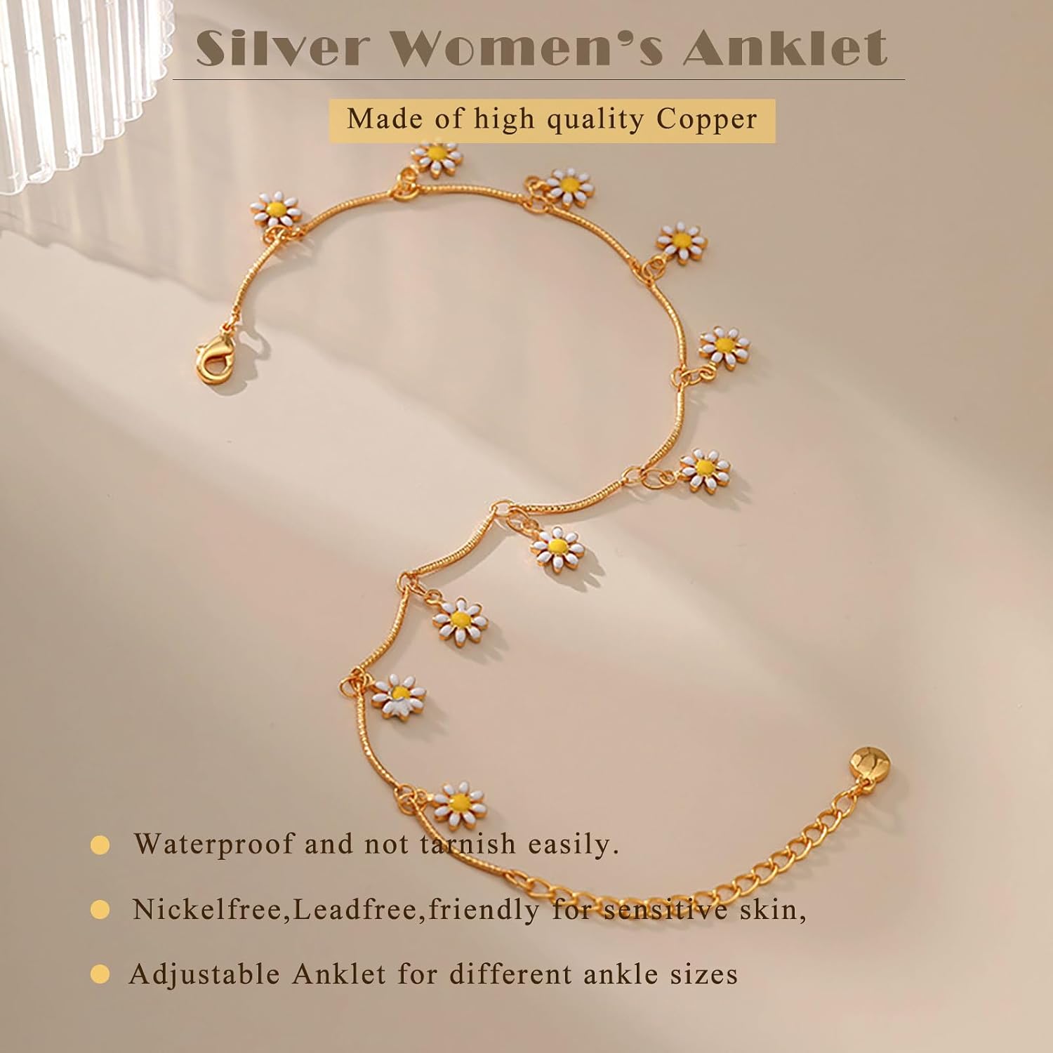 Detalle de Cangall Gold Fußkettchen für Damen – flexibel verstellbar (22+5 cm), Hypoallergen & nickelfrei