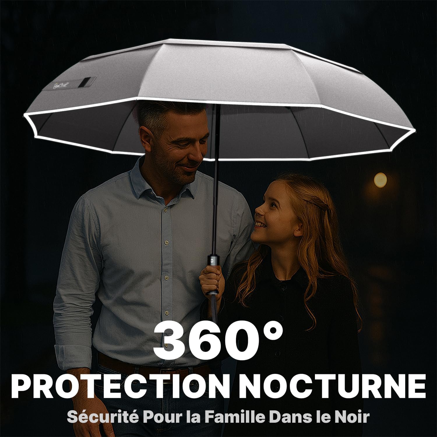 Thumbnail 4 de Royal Walk Parapluie de poche automatique coupe-vent double toit gris L, poignée en bois véritable