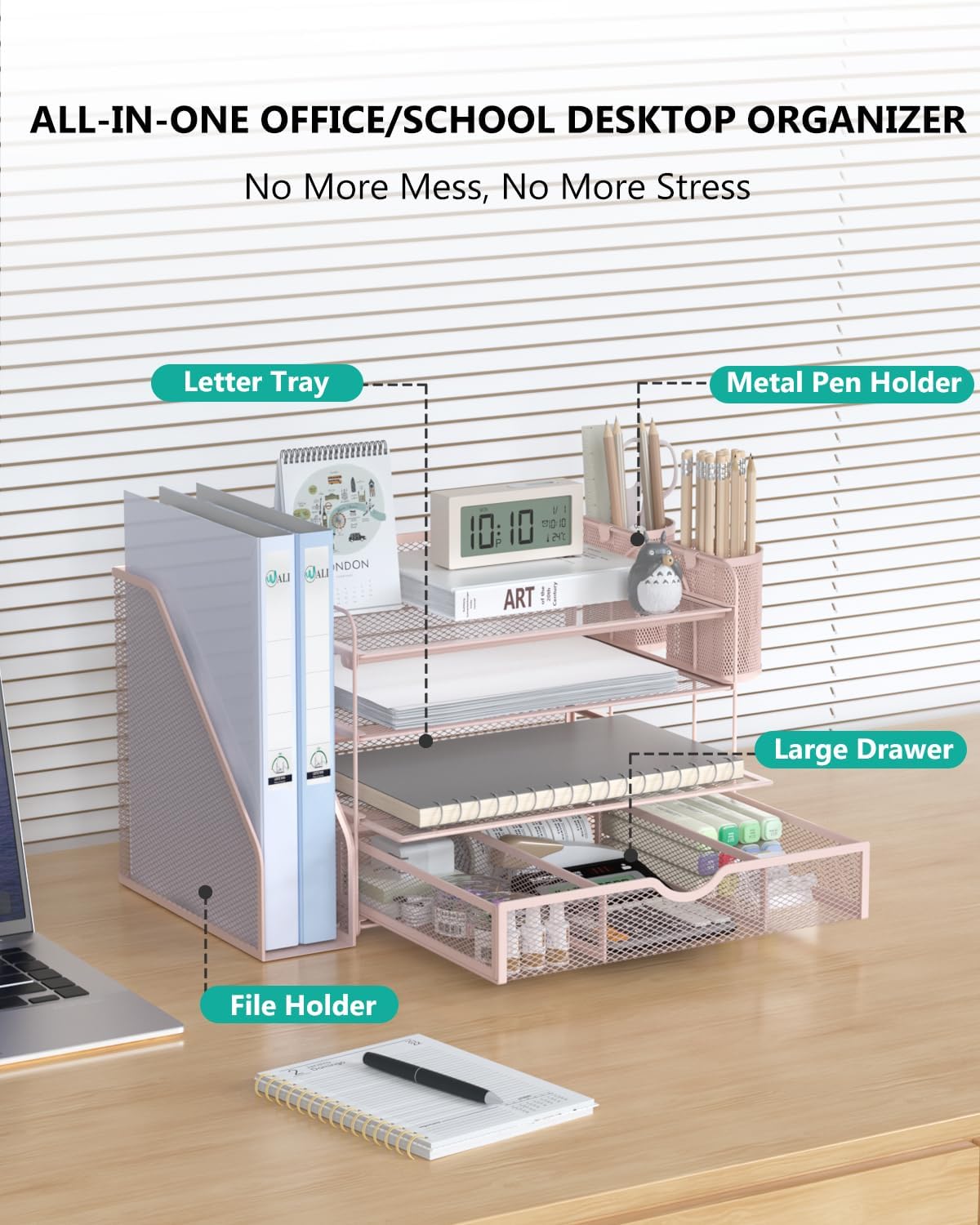 Detalle 2 de WALI DO005DH-P 4-Tier Desktop File Organizer with Drawer and Pen Holders, Pink