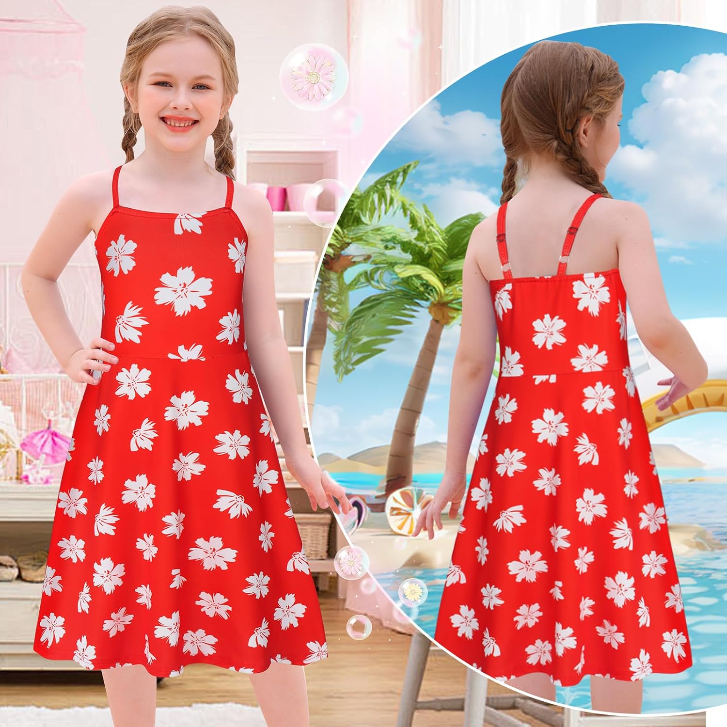 Detalle 2 de Benylion beach dress Girls' Red Leaf Hawaiian Dress with Adjustable Straps