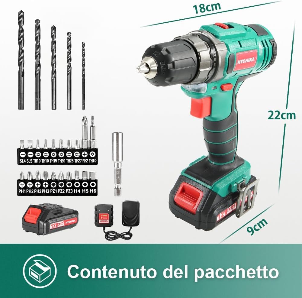 Detalle de HYCHIKA Trapano Avvitatore 12V 30 Nm, 21+1 coppie, 26 accessori đź›
