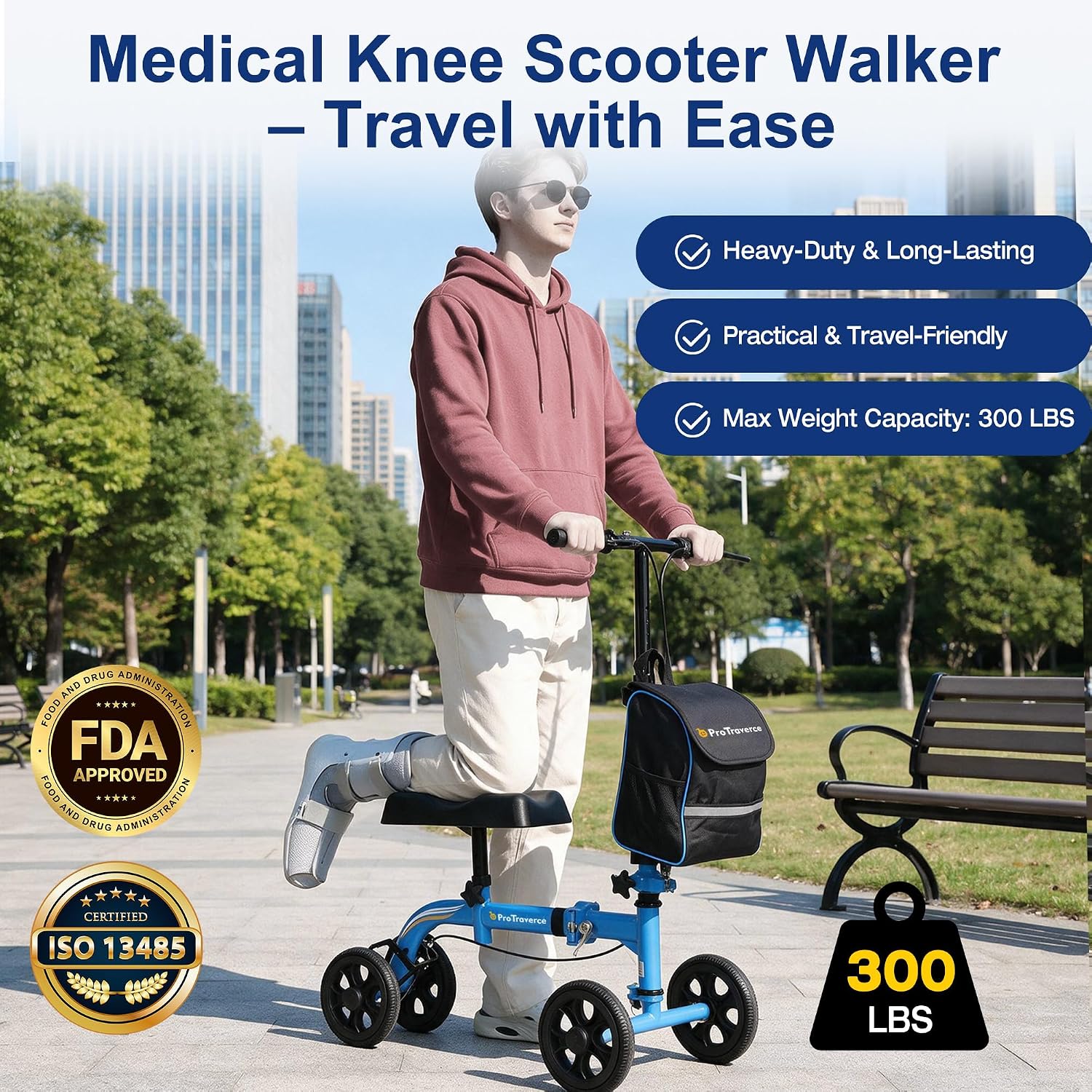 Thumbnail 1 de ProTraverce HH90S Foldable Knee Scooter with 8-Inch PU Wheels and Dual Brakes