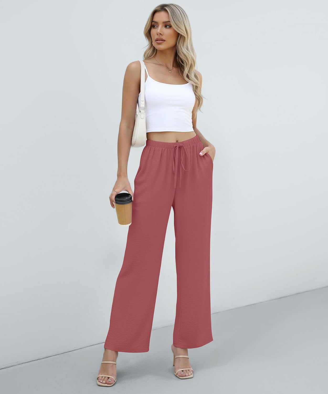 Detalle de YSYOKOW Women's Wide-Leg Pants in Crinkle-Textured Fabric