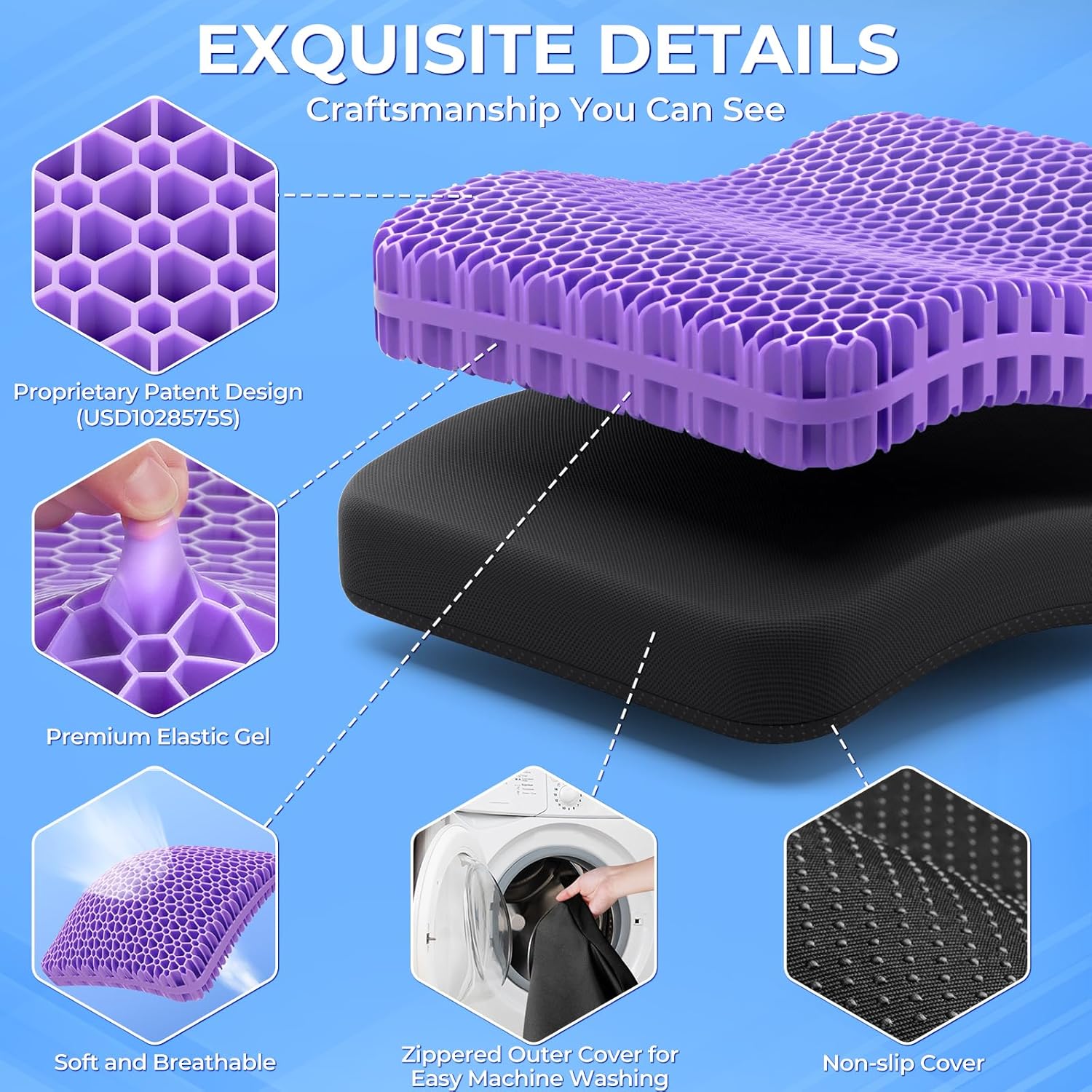 Detalle de TushGuard Gel Seat Cushion for Long Sitting — 2.2" Thick, Breathable Gel Core