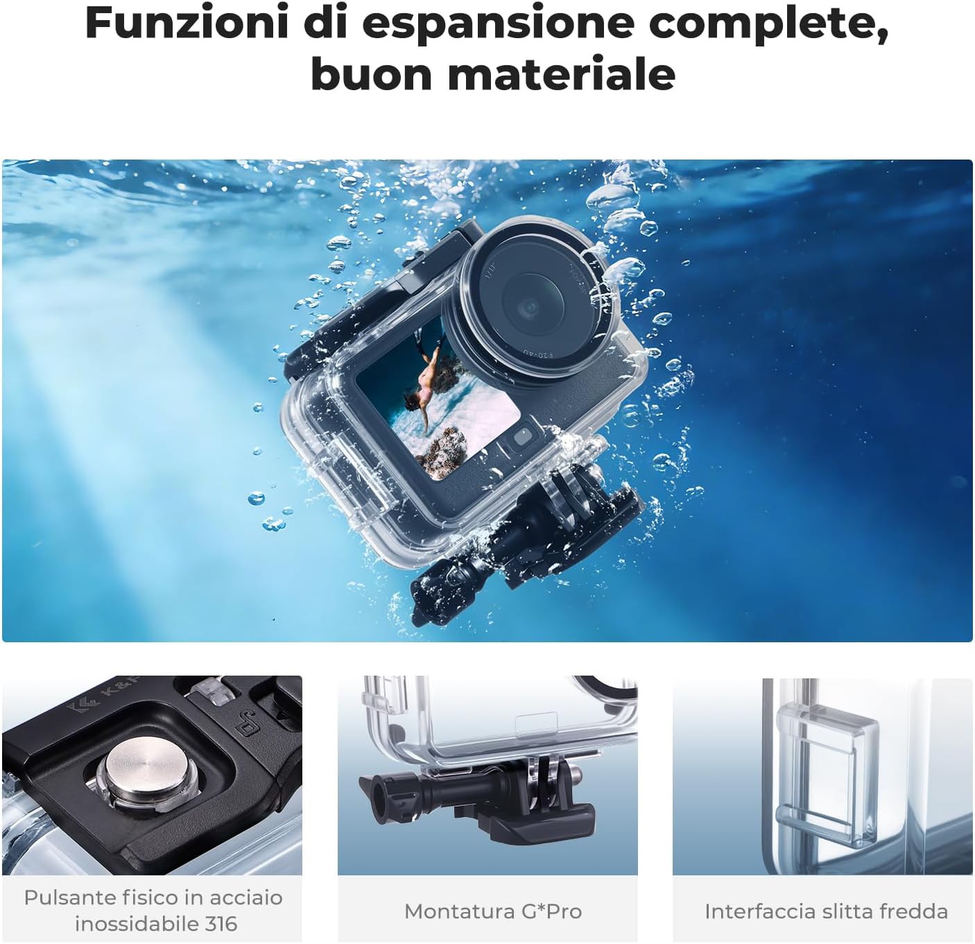 Detalle 2 de Custodia impermeabile per DJI Osmo Action 6 di K&F CONCEPT — protezione fino a 60 m con slitta fredda e inserti antiappannamento