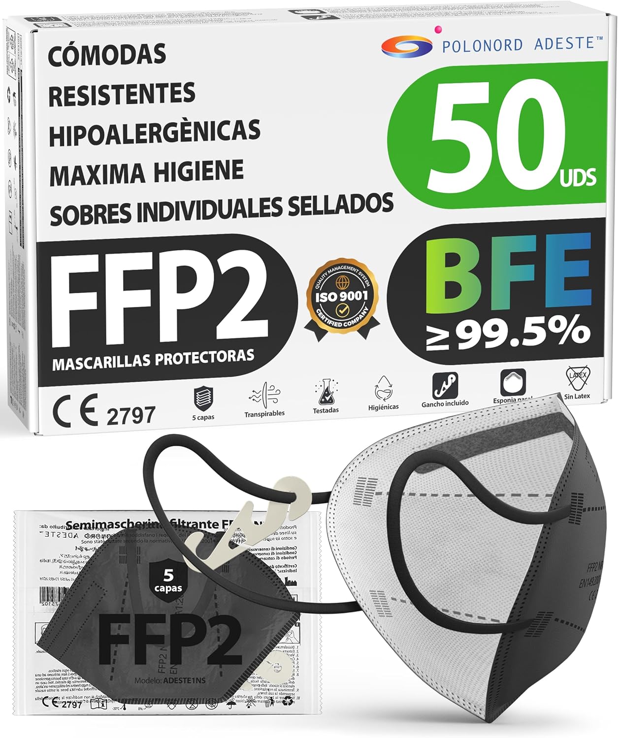 Detalle de ADESTE 50 Mascarillas FFP2 NR D negras 😷