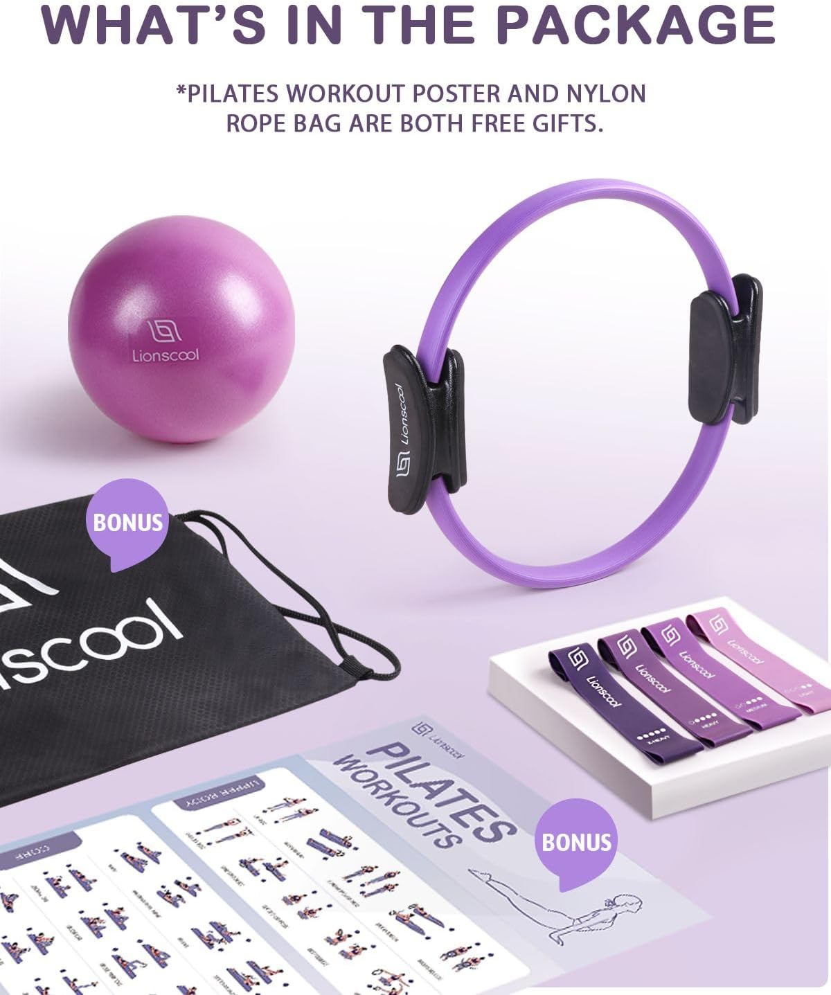 Thumbnail 6 de LIONSCOOL Pilates-Ring-Set 14“/35 cm – Magic Circle mit Doppelgriffen, Miniball, Widerstandsbändern und Transporttasche