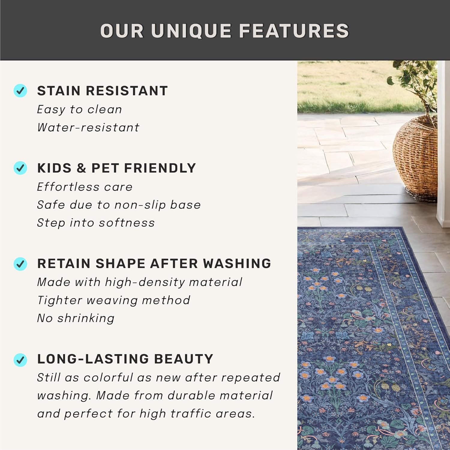Thumbnail 5 de Hazo Haus Washable Dark Blue Rug (10x14) – Vintage Floral, Non-Slip, Machine-Washable