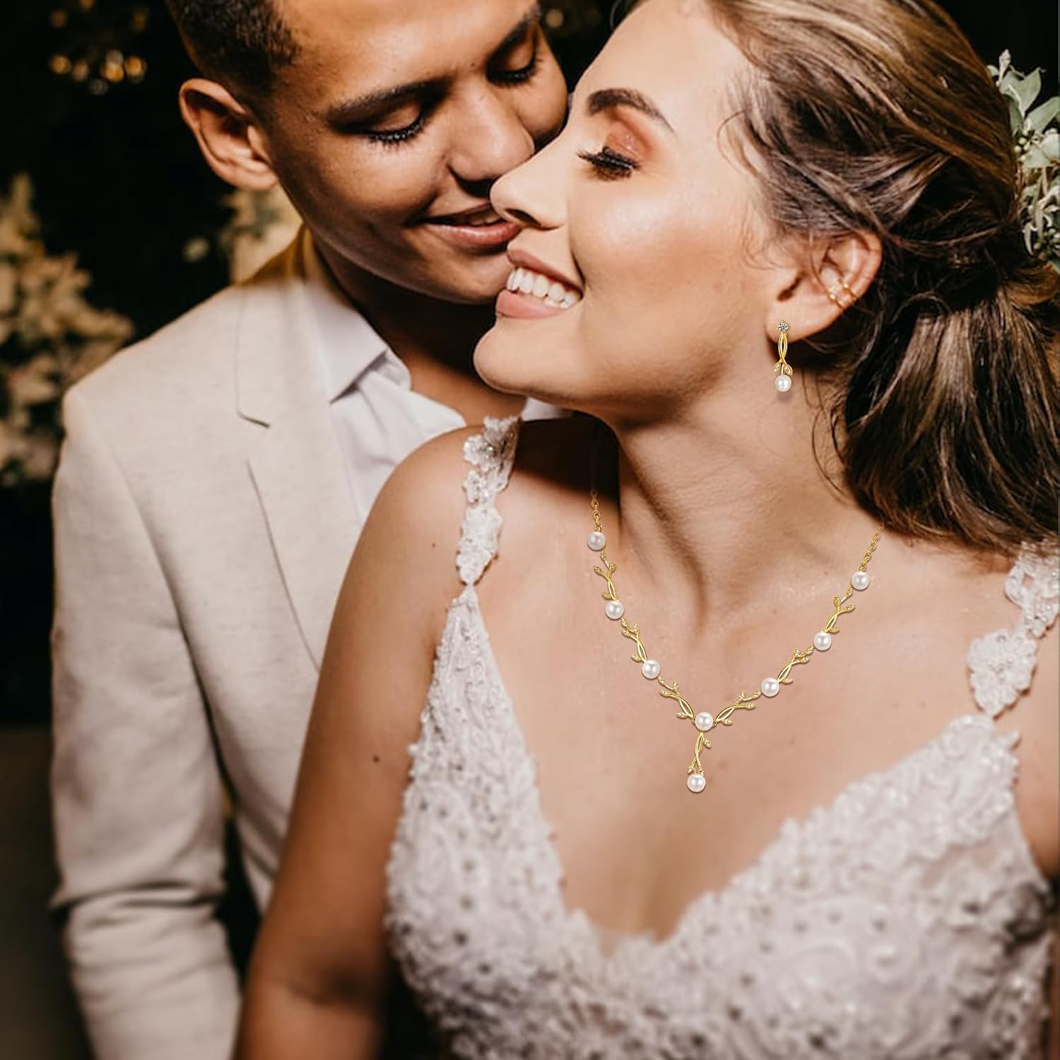 Detalle de Toplstud Hochzeit 925 Schmuckset Silbern – Halskette, Armband und Ohrringe in Blattform mit Perlen und Zirkonia