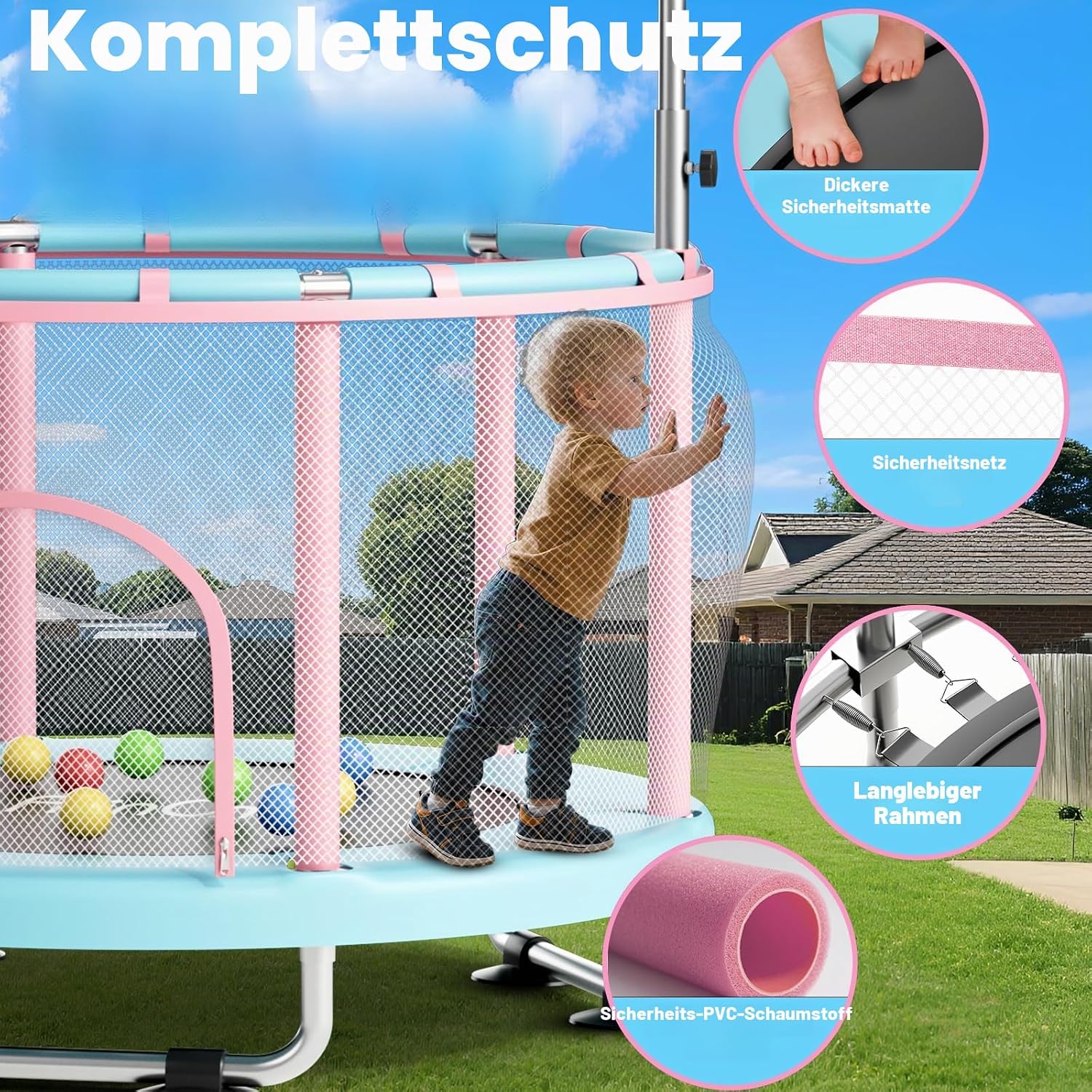 Detalle de FitinOne Kindertrampolin 140 cm mit Schaukel und Turnstange (bis 200 kg) – Indoor & Outdoor Spielspaß
