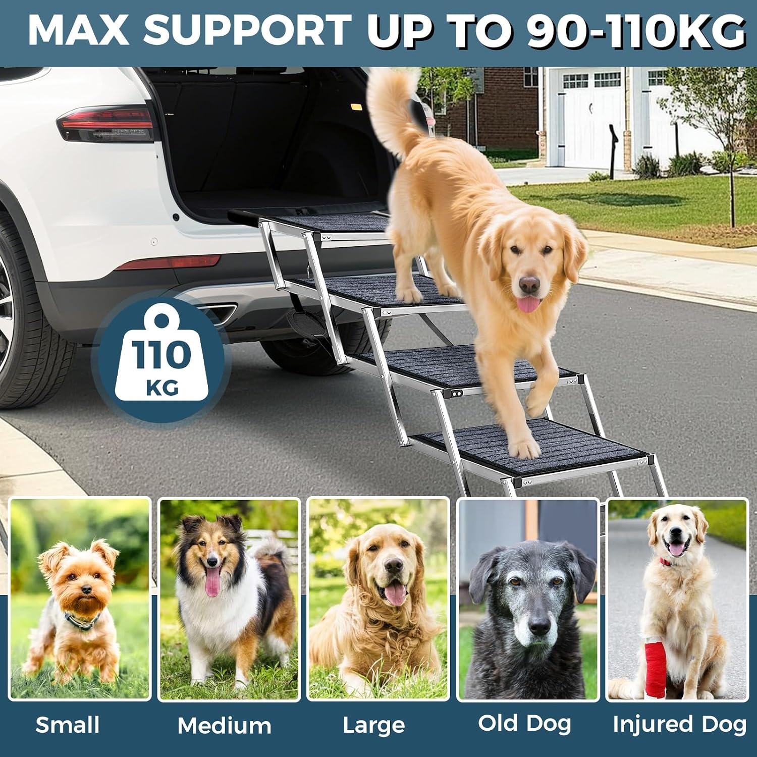 Thumbnail 4 de Extra Wide Dog Ramp for Cars: Aluminum Steps with Non-Slip Carpet for Easy SUV Access