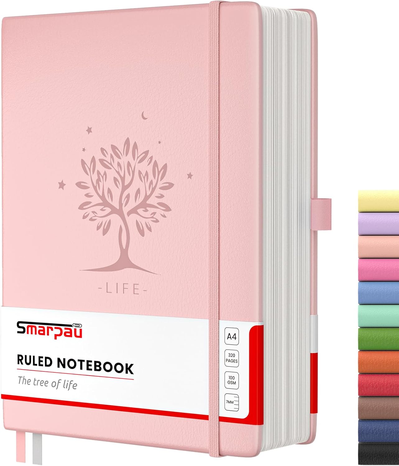 Smarpau A4 Lined Notebook with Thick Hardcover Pink Leather Look Cover – 320 Pages, 100gsm Paper