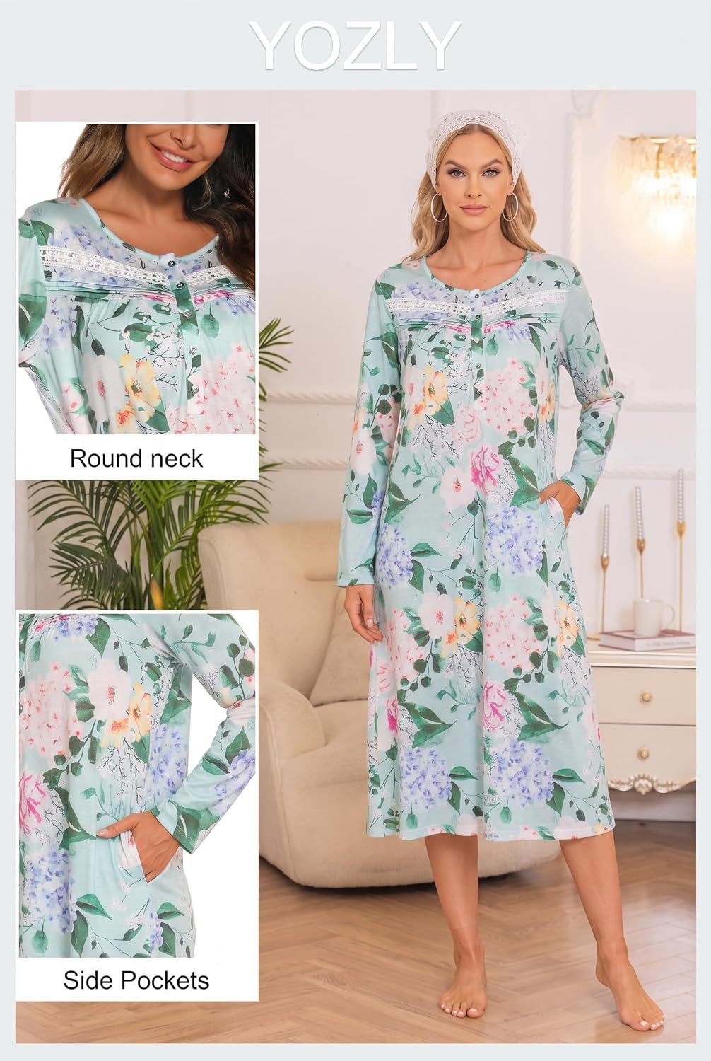 Detalle 2 de YOZLY Long-Sleeve Nightgown for Women with Pockets, Cotton-Blend Fabric