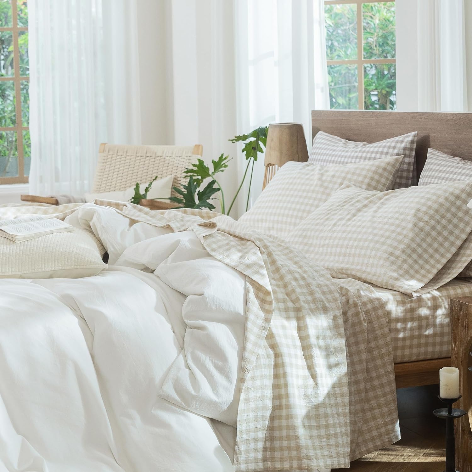 Detalle de MOOMEE MooMee Gingham Sheet Set (Queen) — 100% Washed Cotton, Linen-Like Texture, Deep 16–19" Pocket
